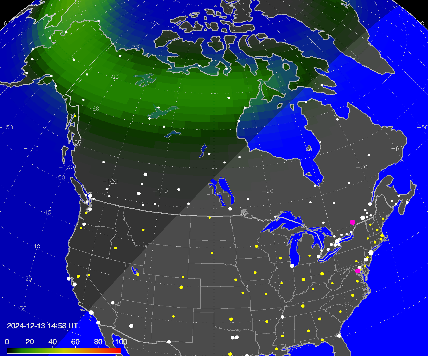 Northern lights (auroras) over North America