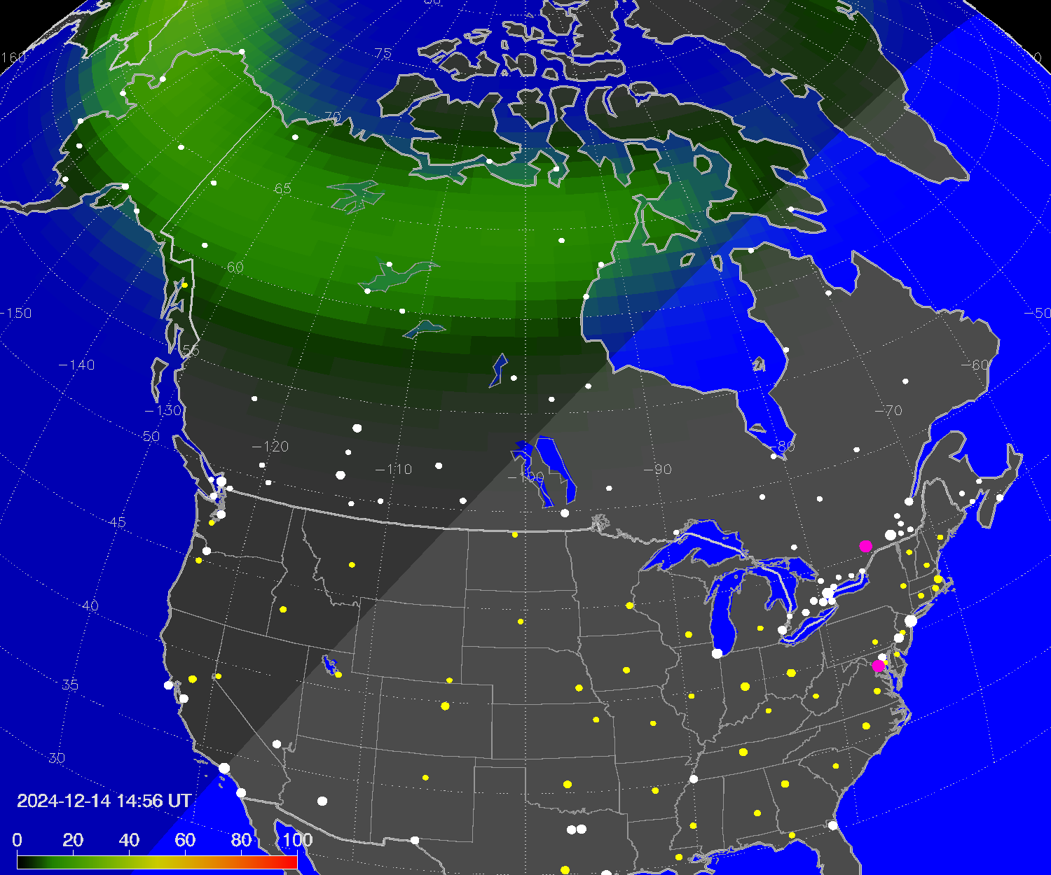 Northern lights (auroras) over North America