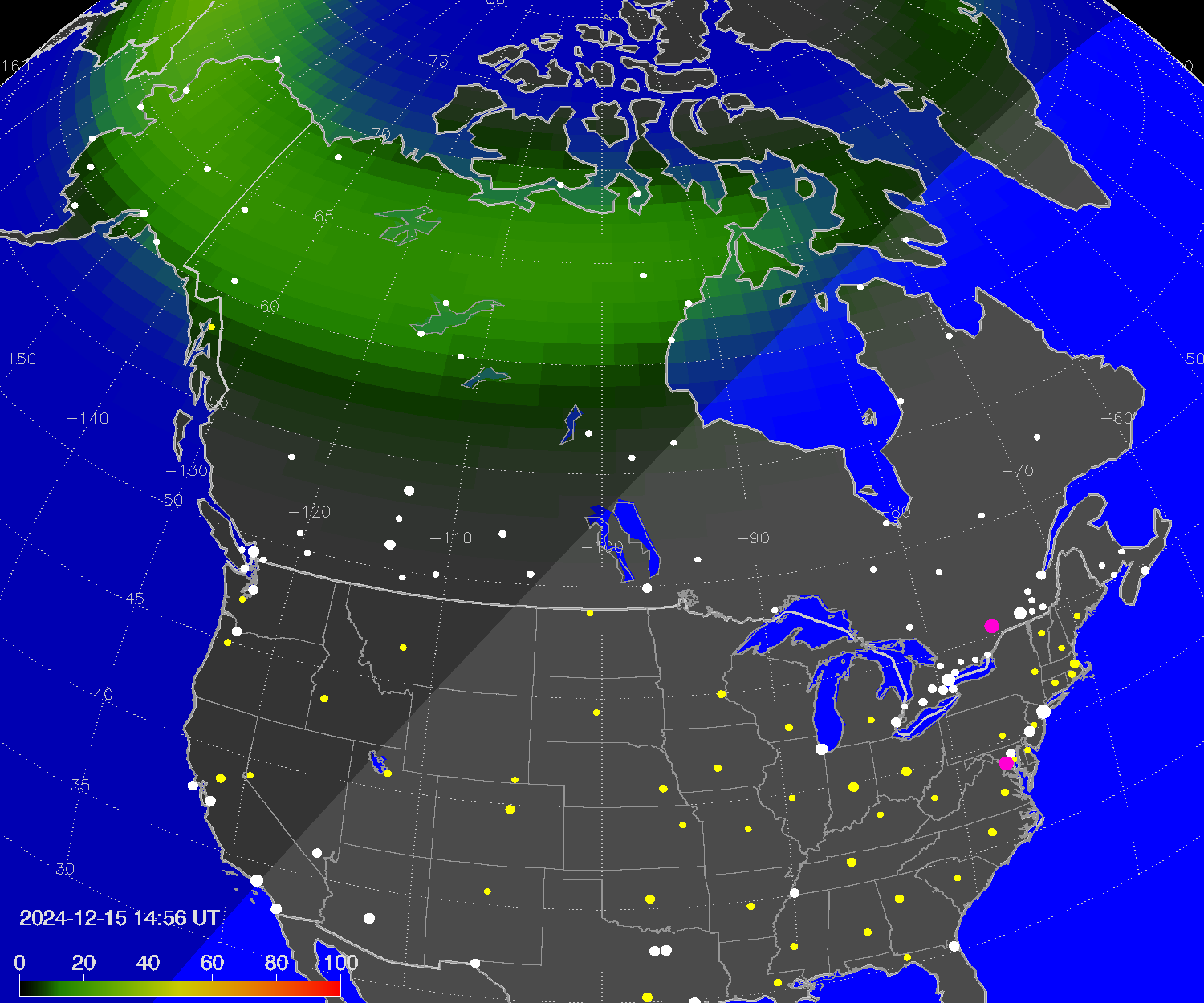 Northern lights (auroras) over North America