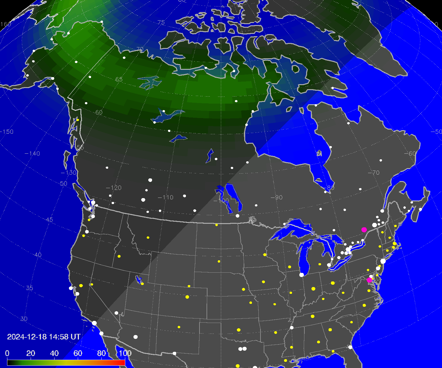 Northern lights (auroras) over North America
