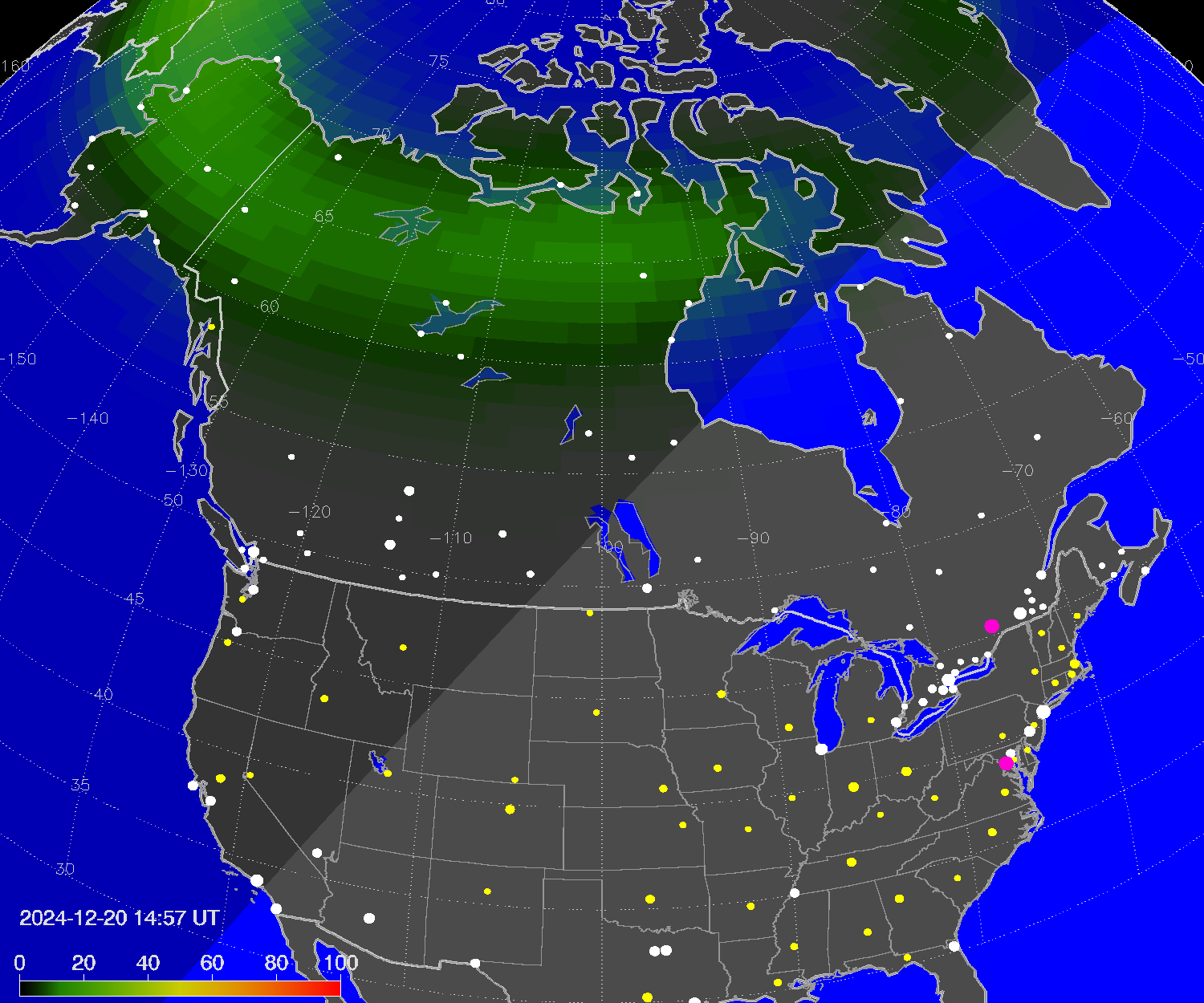Northern lights (auroras) over North America