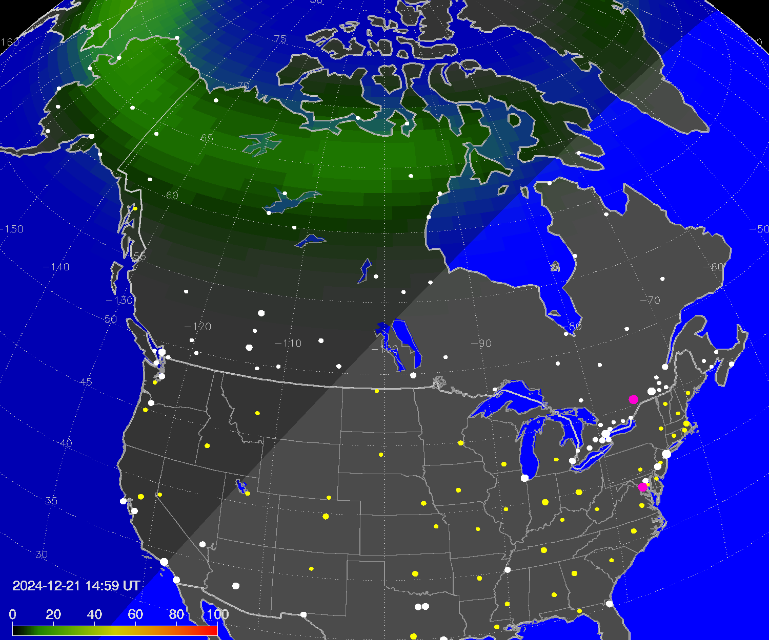 Northern lights (auroras) over North America