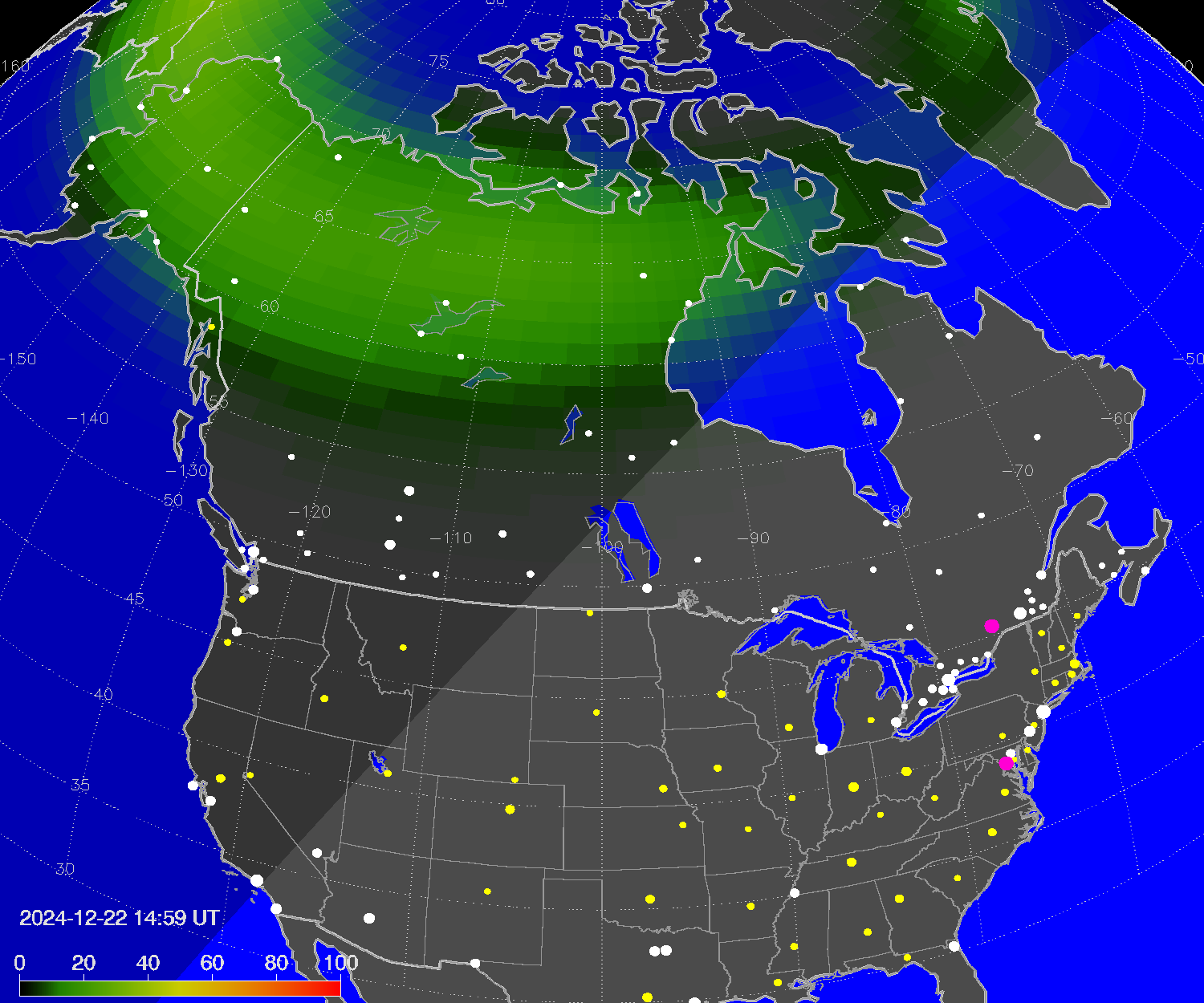 Northern lights (auroras) over North America