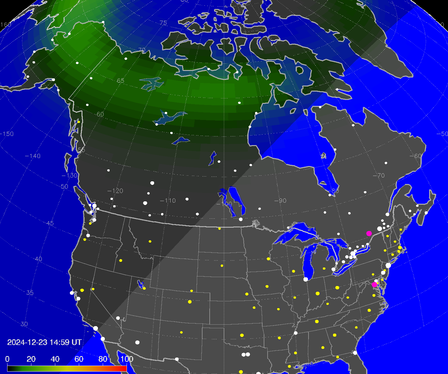 Northern lights (auroras) over North America