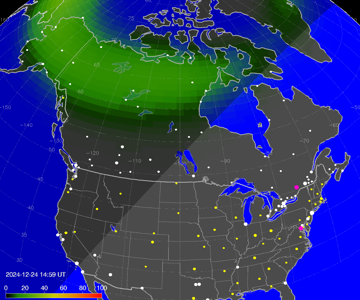Northern lights (auroras) over North America