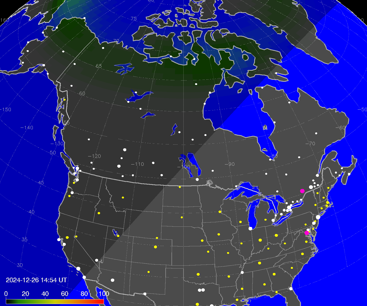 Northern lights (auroras) over North America
