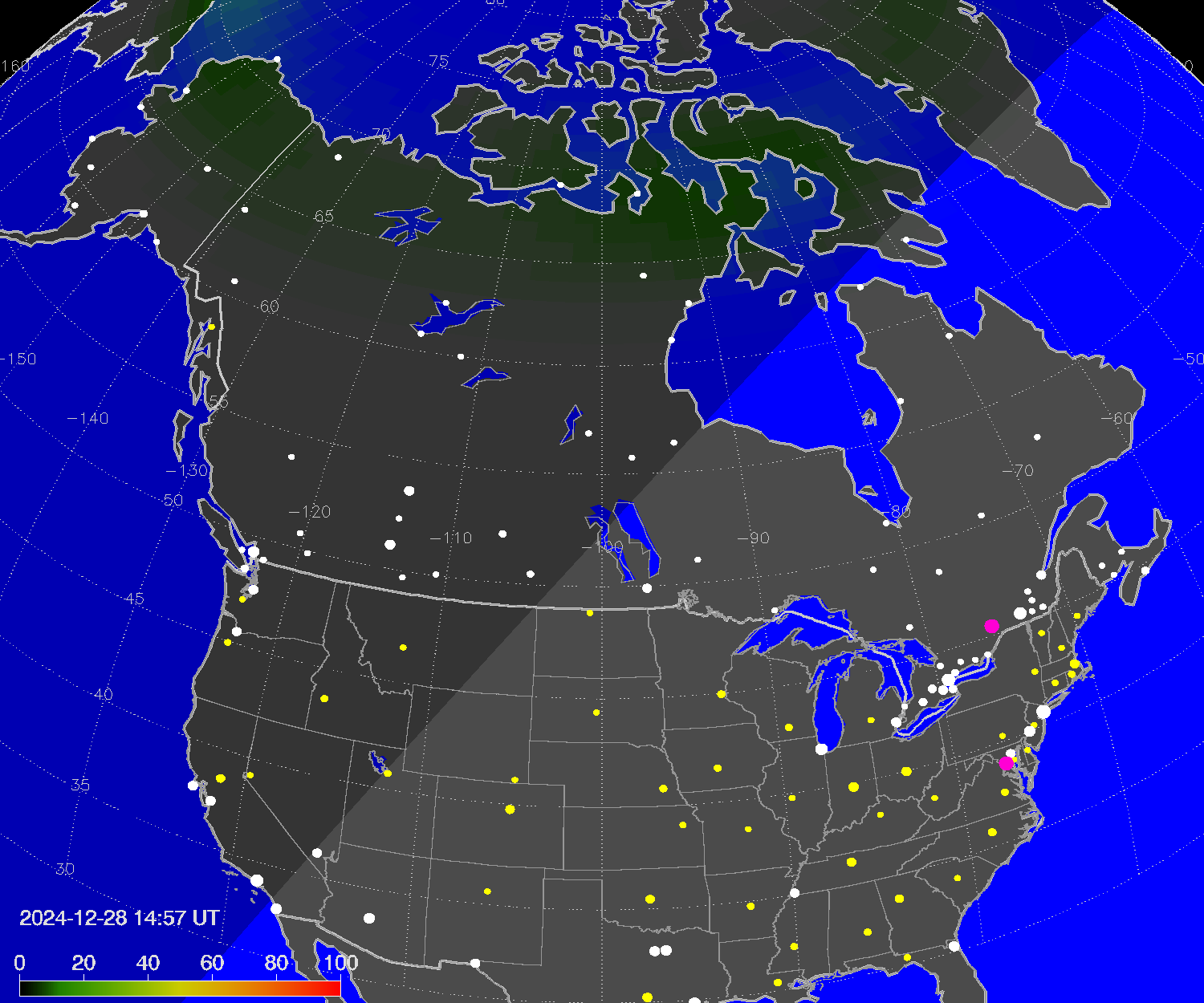 Northern lights (auroras) over North America