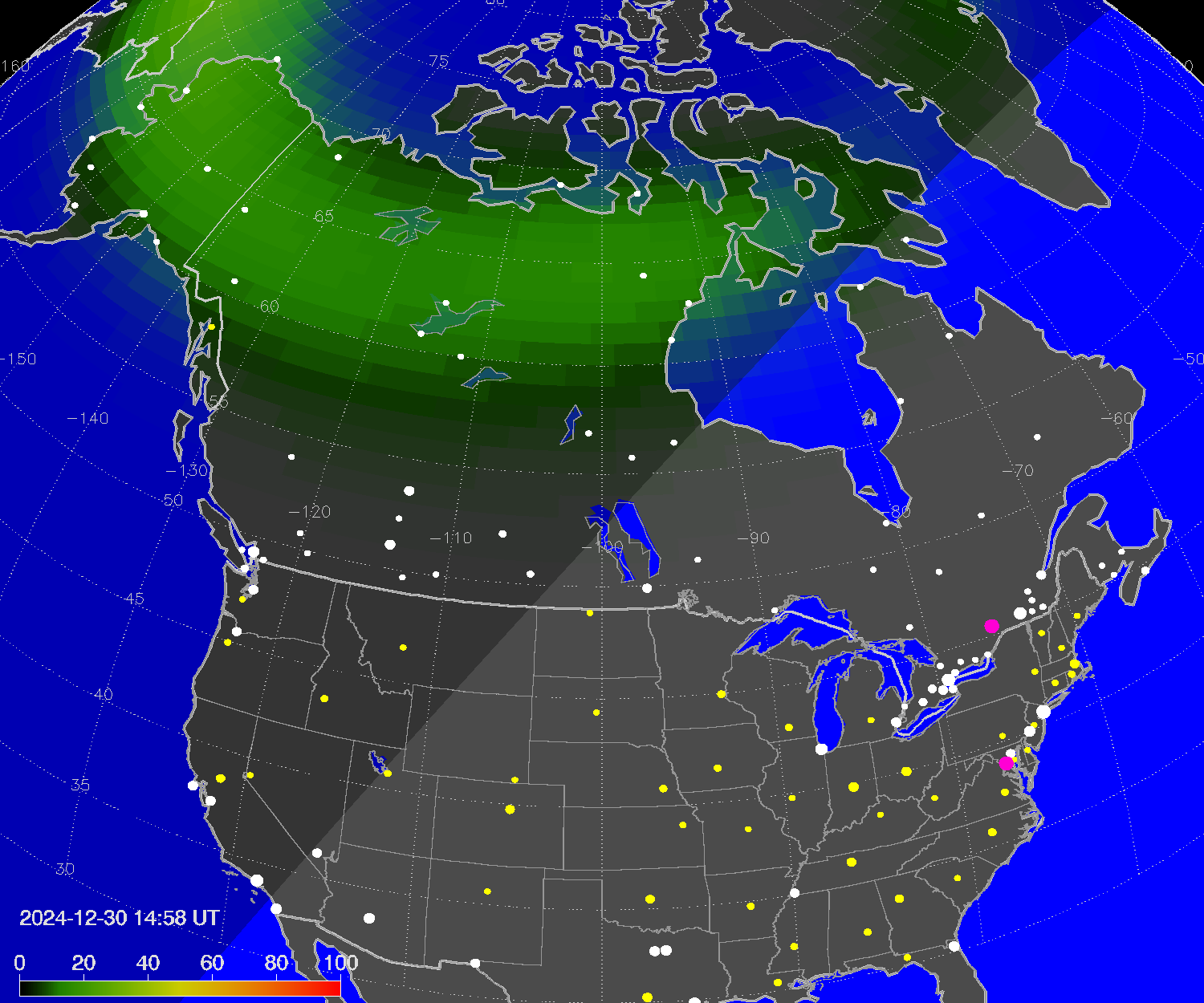 Northern lights (auroras) over North America