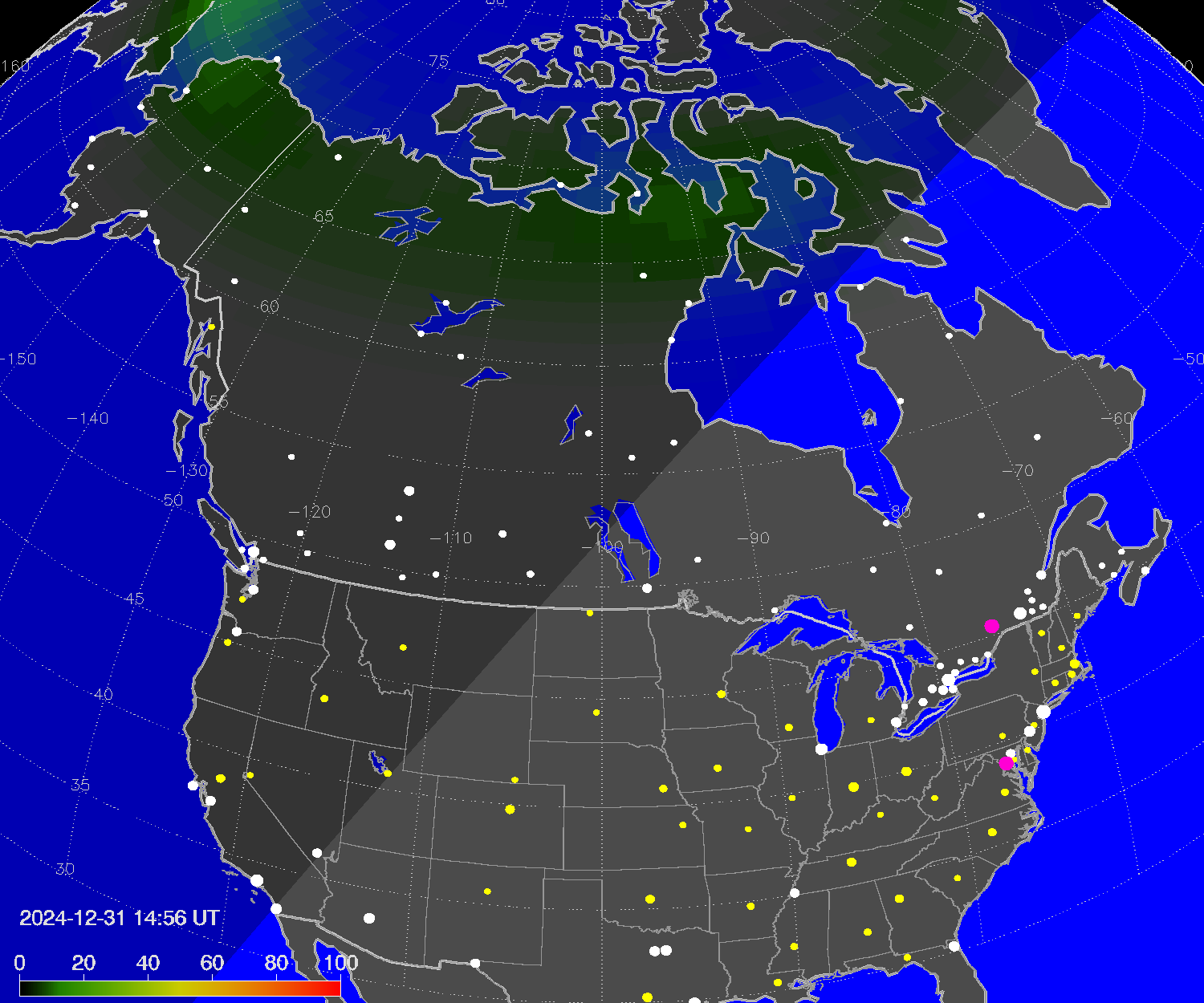 Northern lights (auroras) over North America