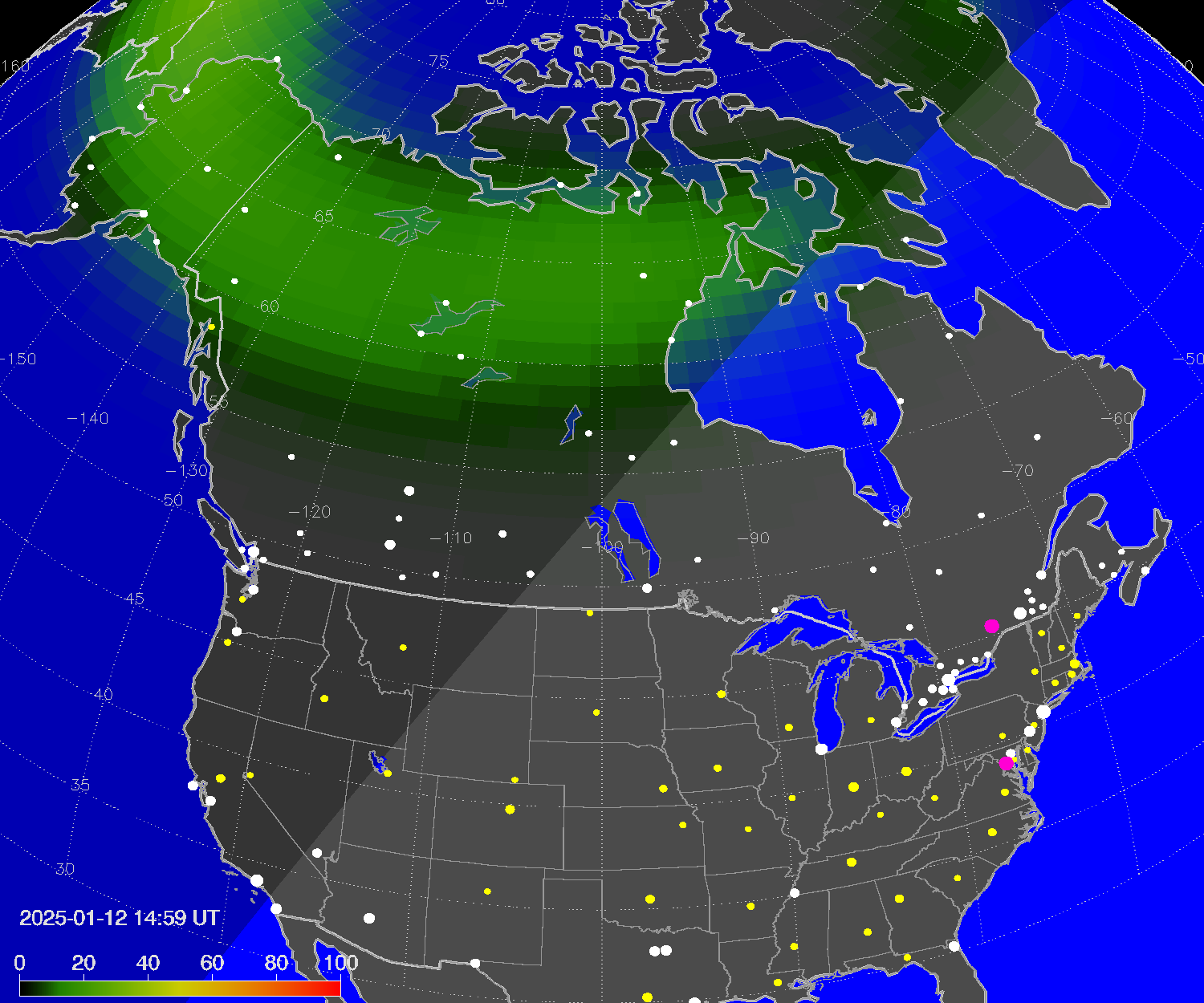 Northern lights (auroras) over North America