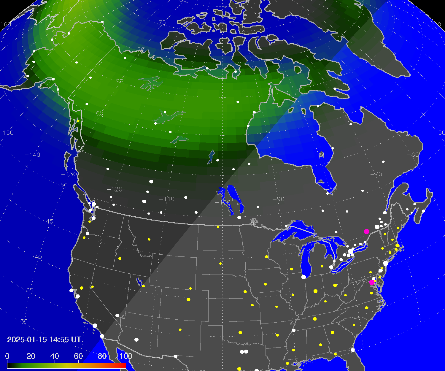 Northern lights (auroras) over North America
