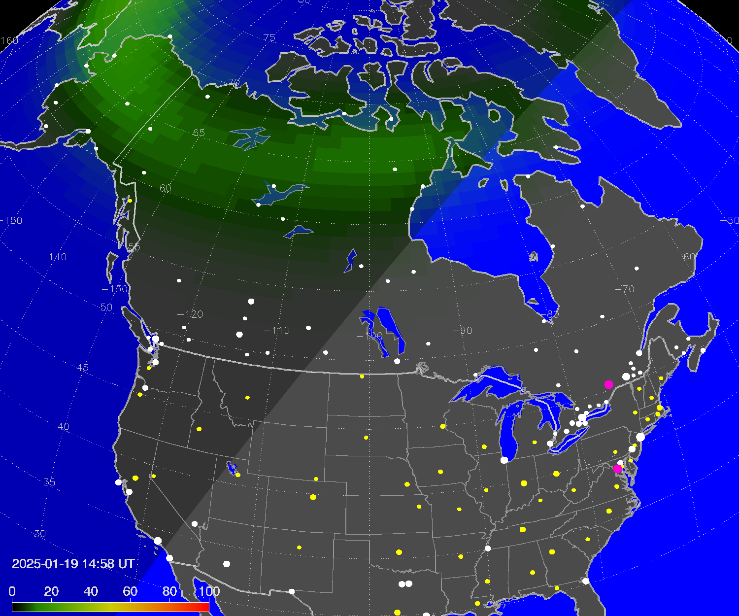 Northern lights (auroras) over North America