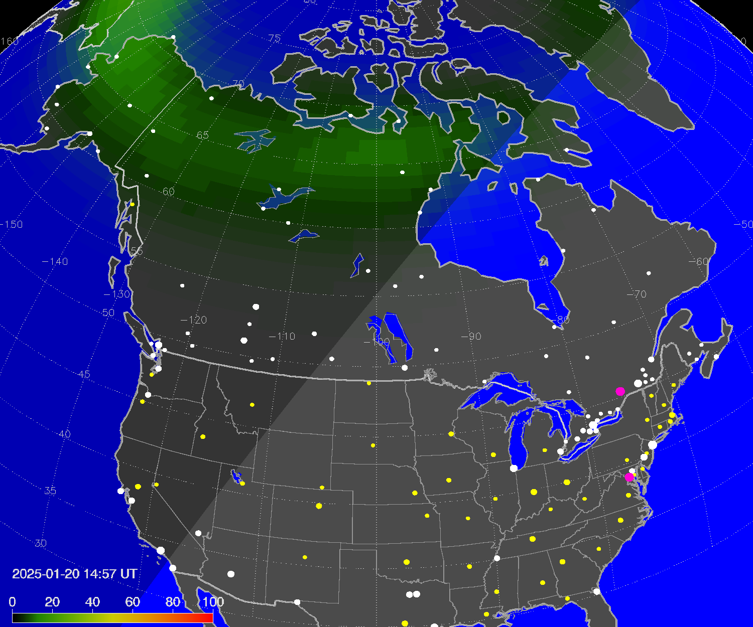 Northern lights (auroras) over North America