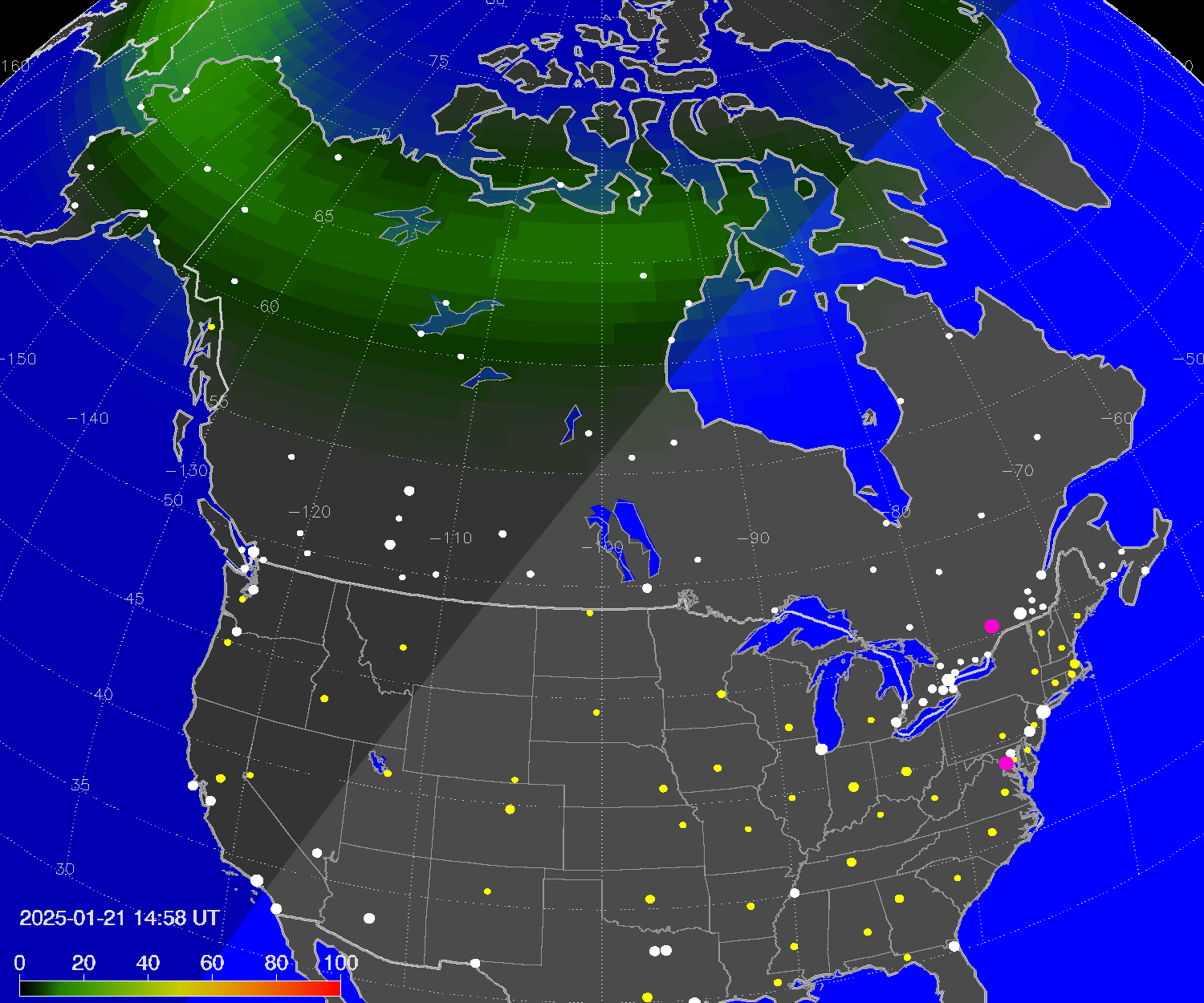 Northern lights (auroras) over North America