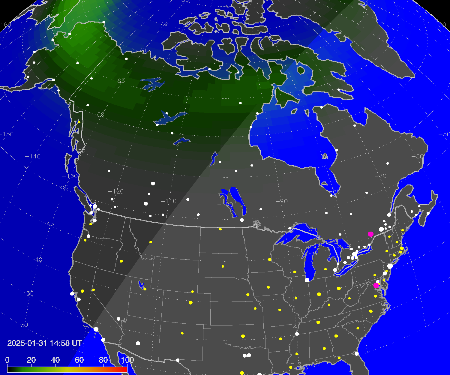 Northern lights (auroras) over North America