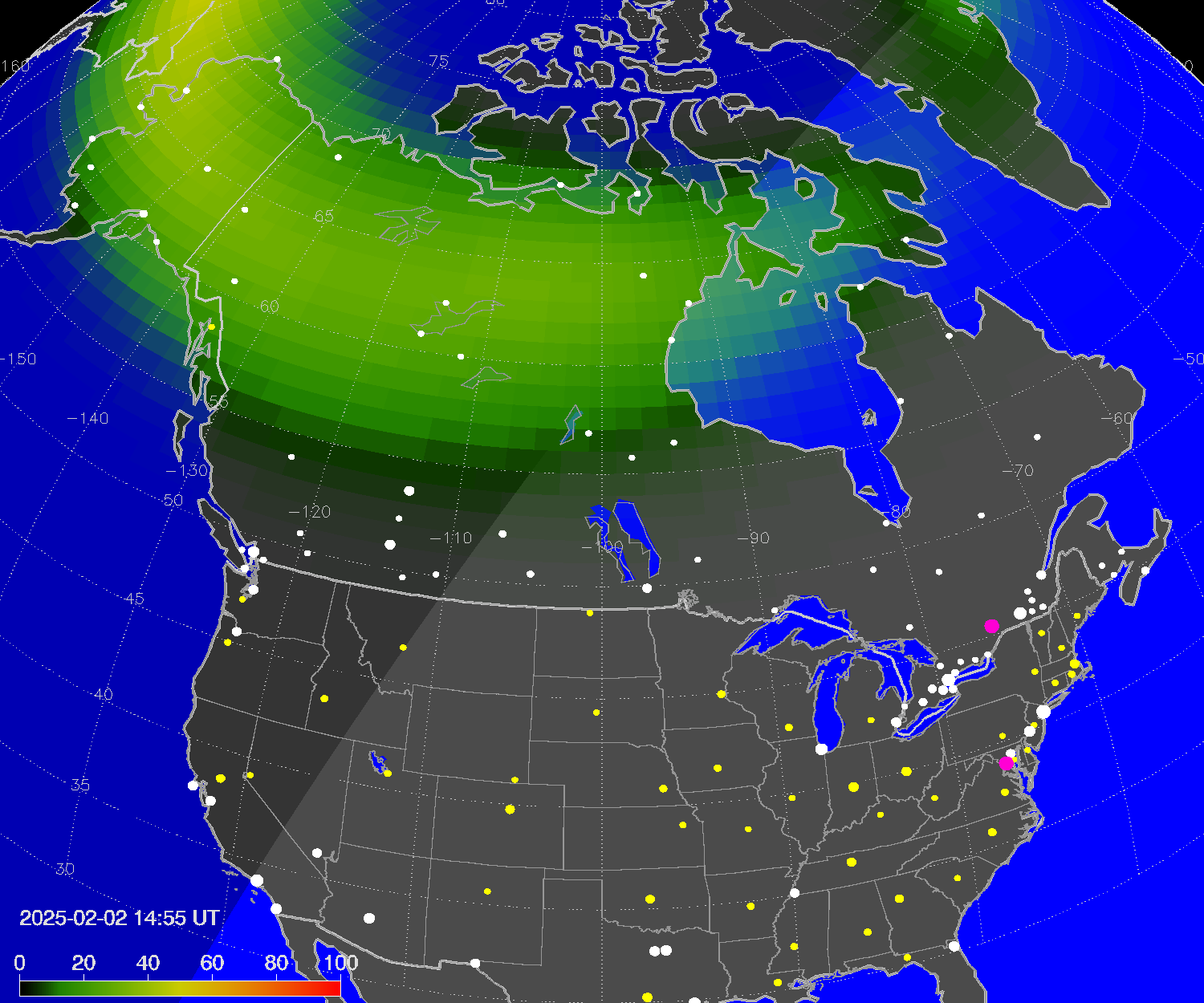 Northern lights (auroras) over North America
