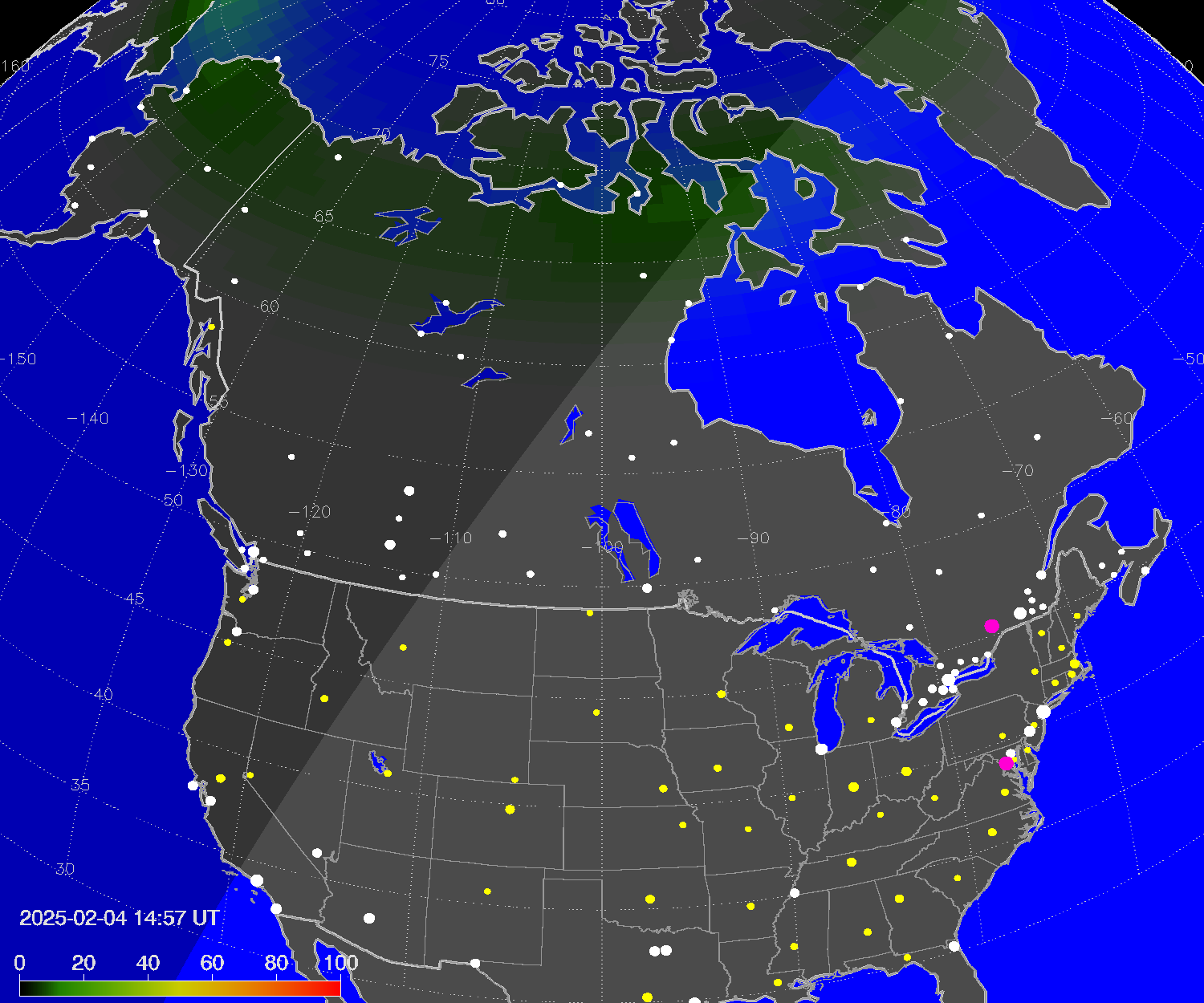 Northern lights (auroras) over North America