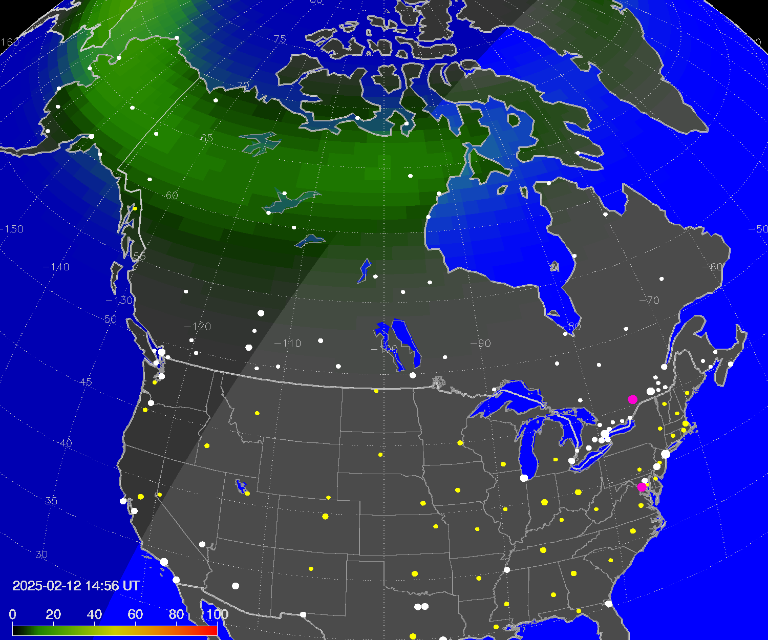 Northern lights (auroras) over North America