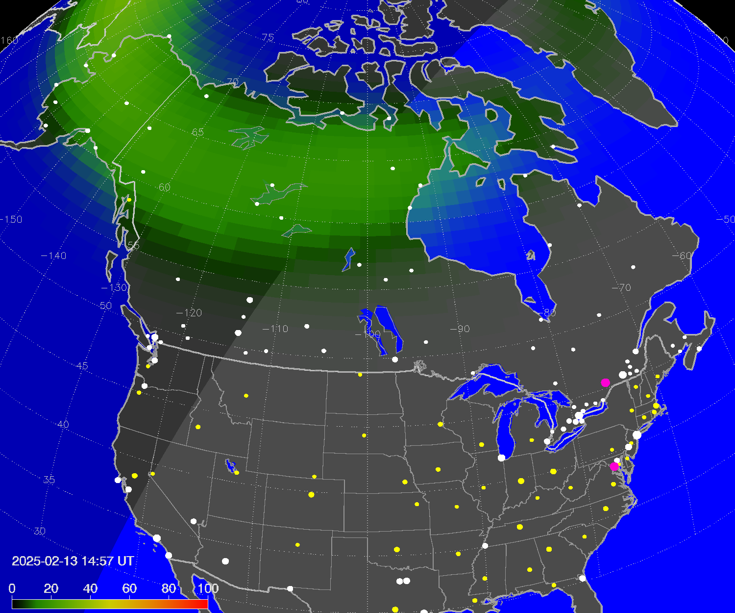 Northern lights (auroras) over North America