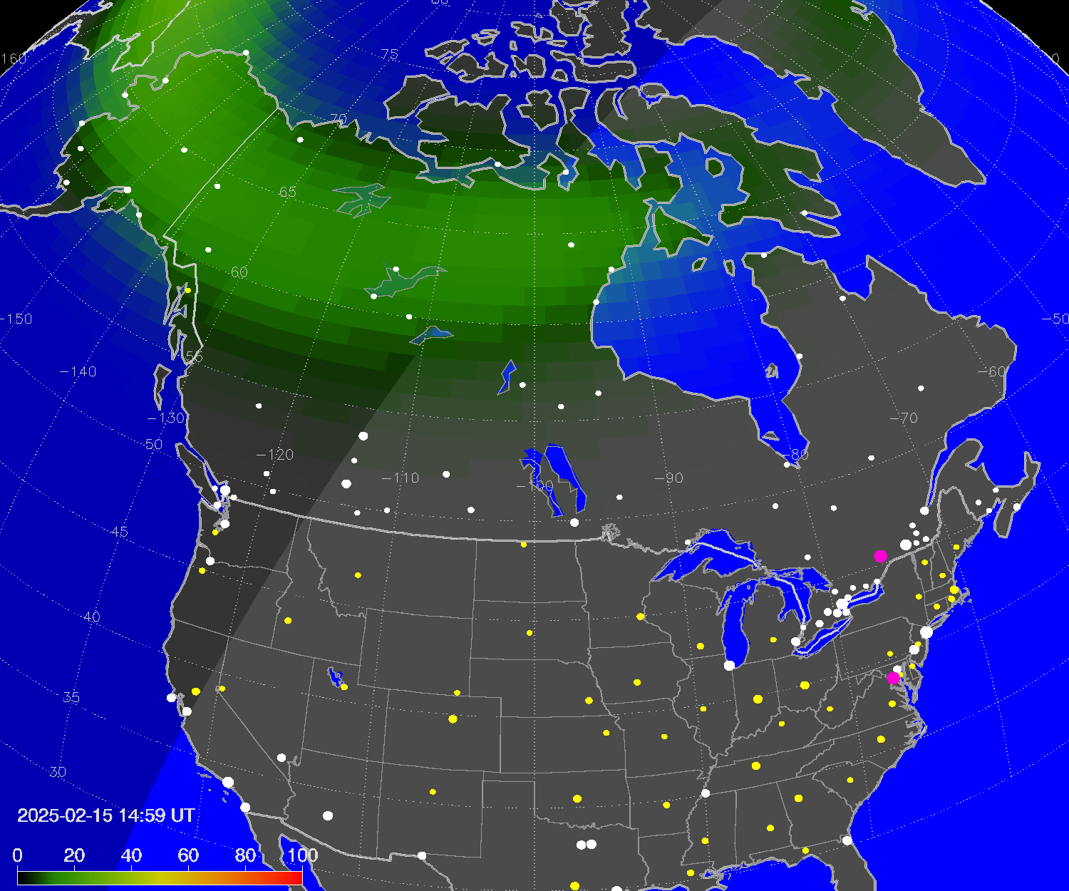 Northern lights (auroras) over North America