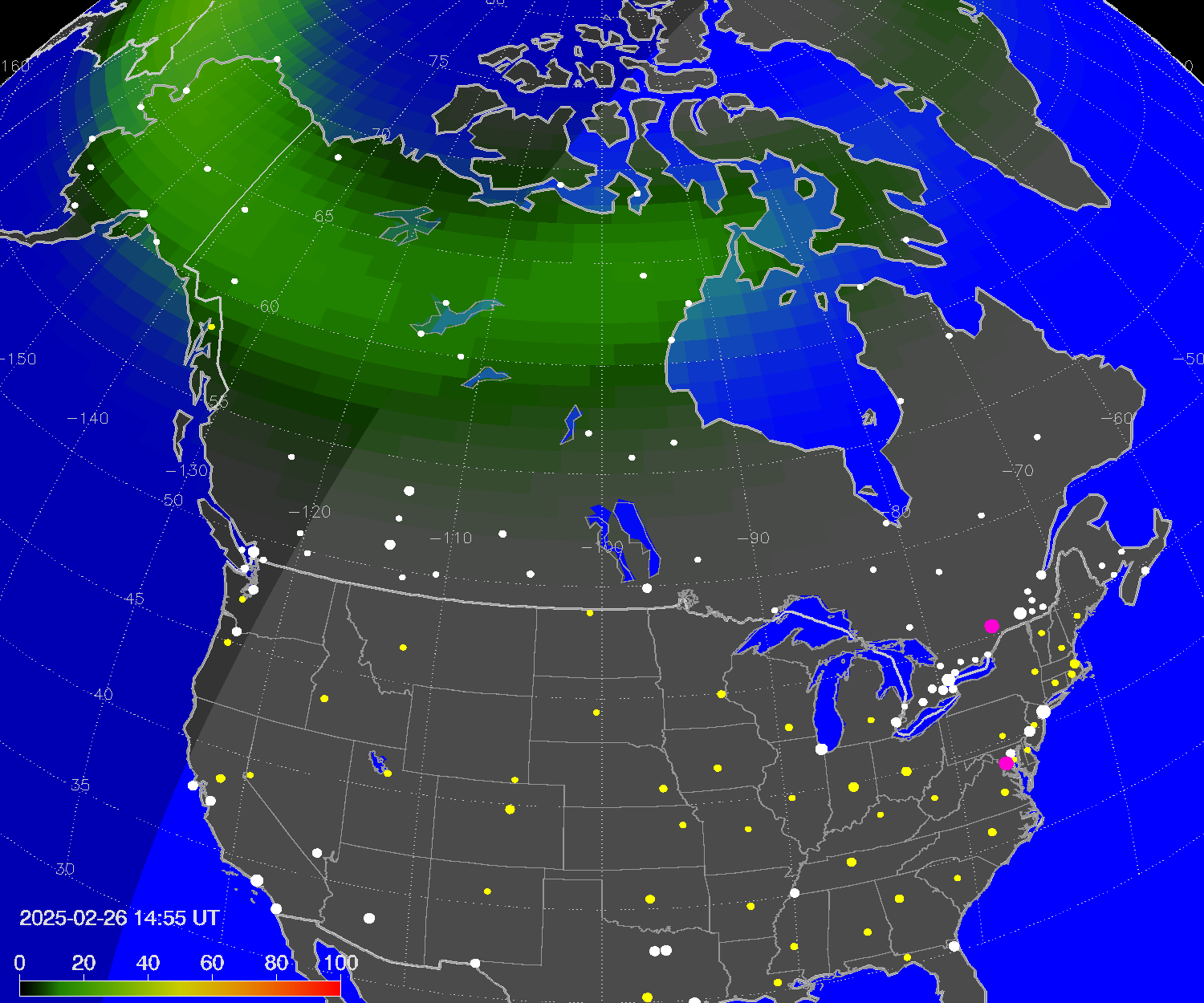Northern lights (auroras) over North America