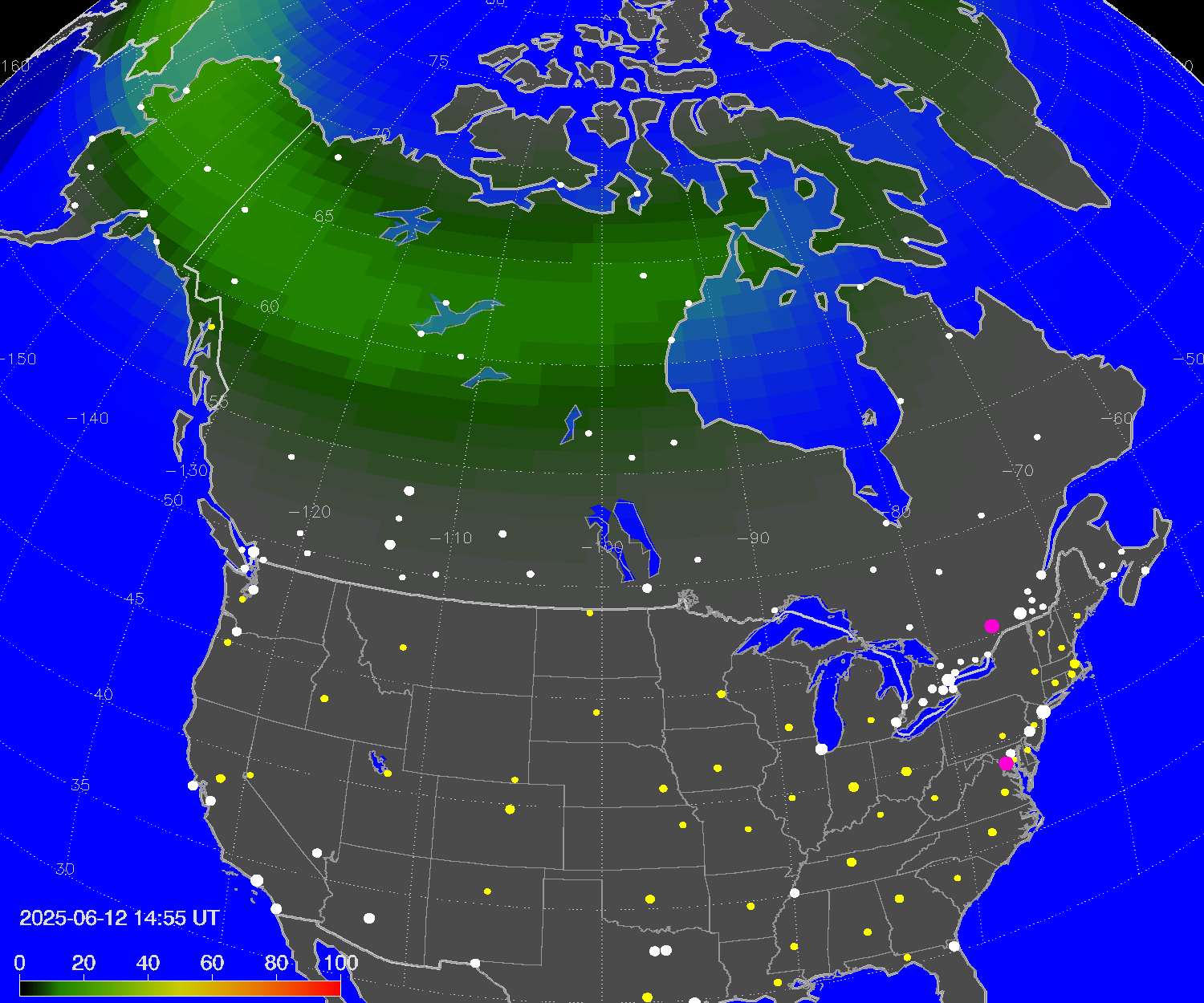 Northern lights (auroras) over North America