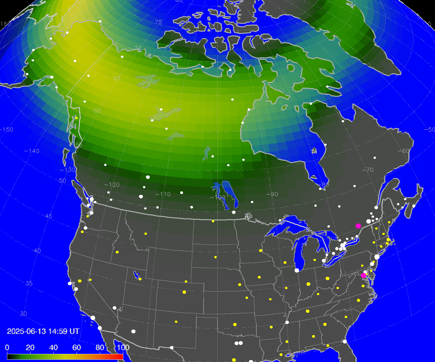 Northern lights (auroras) over North America