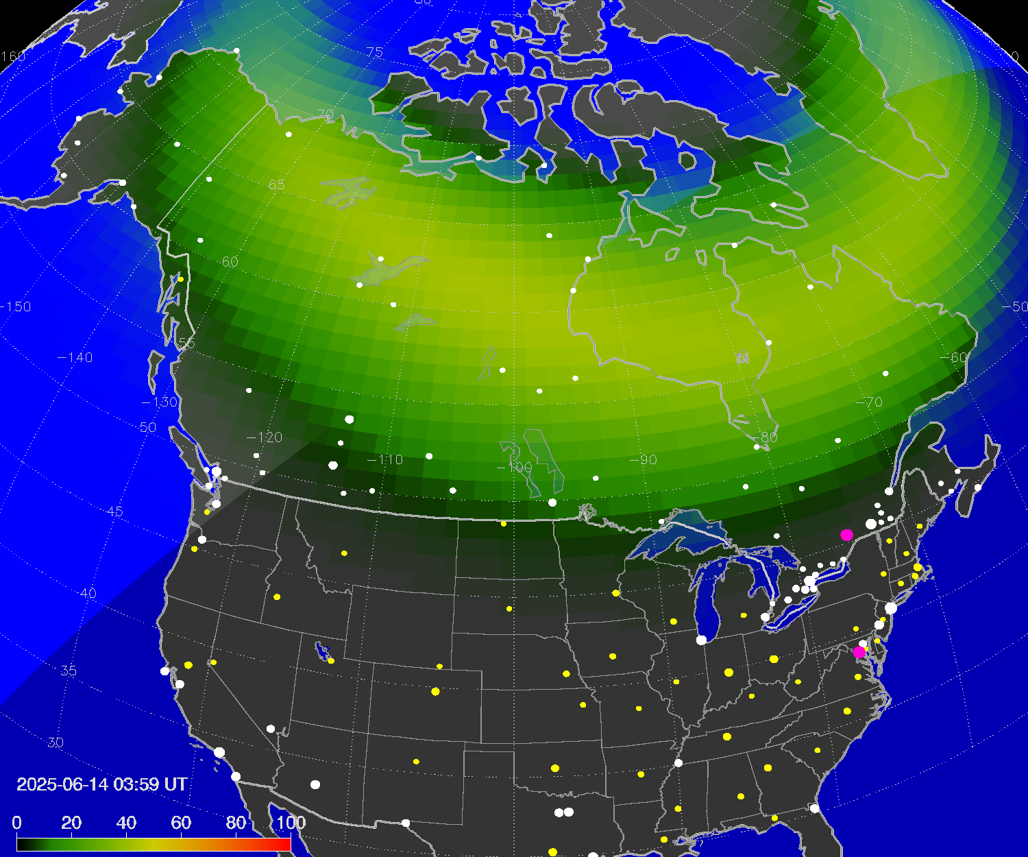 Northern lights (auroras) over North America