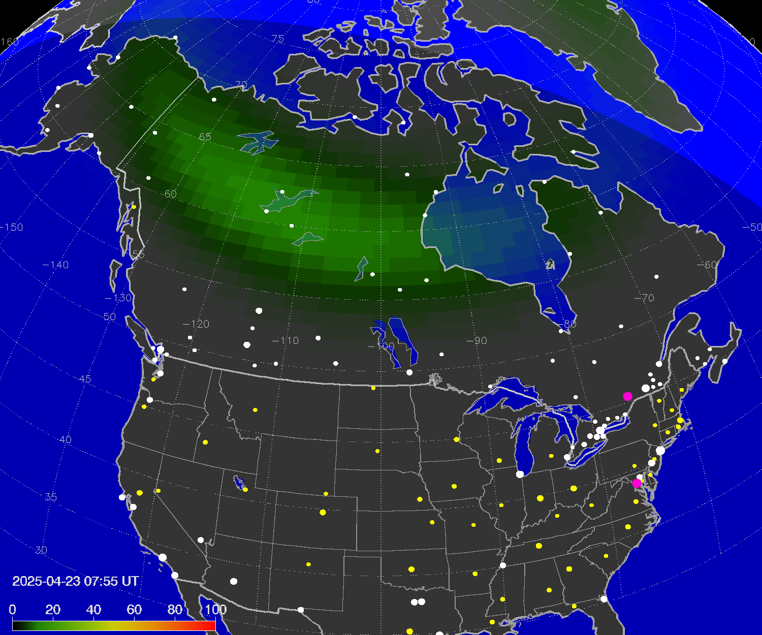 Northern lights (auroras) over North America