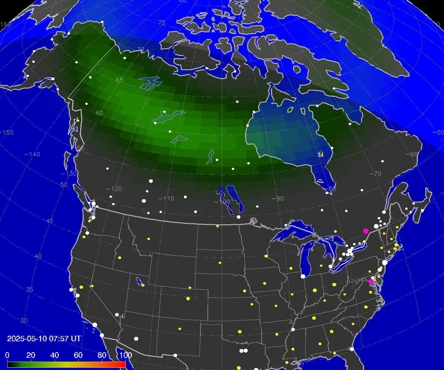 Northern lights (auroras) over North America