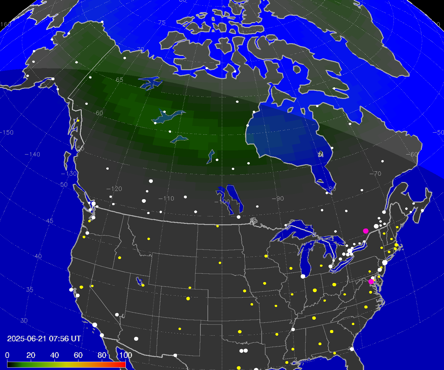 Northern lights (auroras) over North America