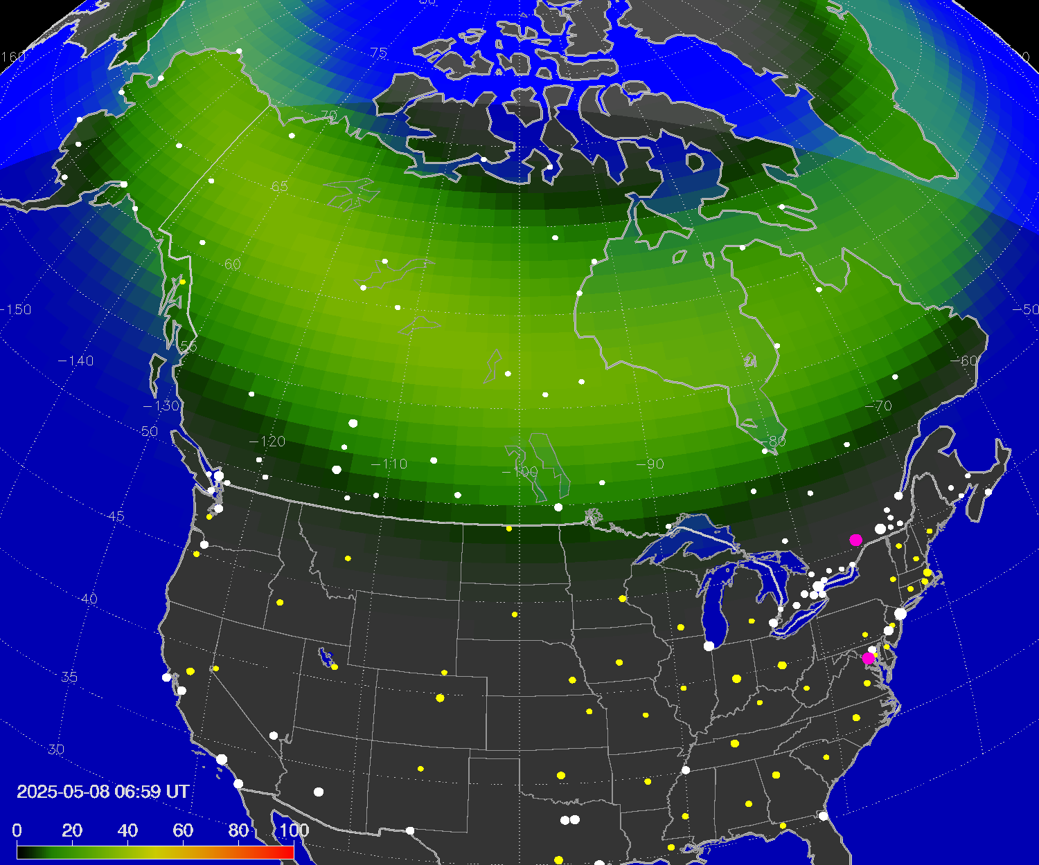Northern lights (auroras) over North America