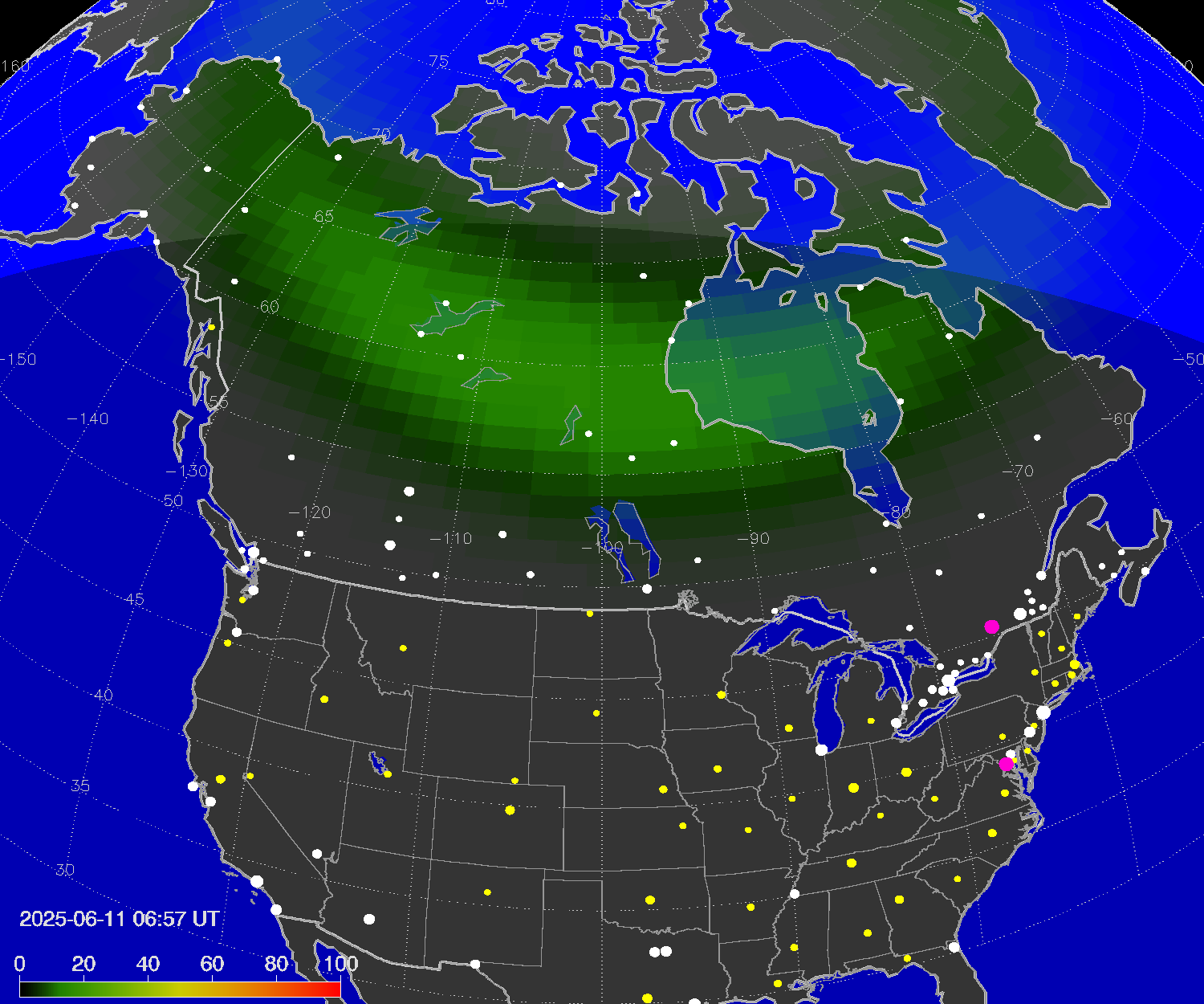 Northern lights (auroras) over North America