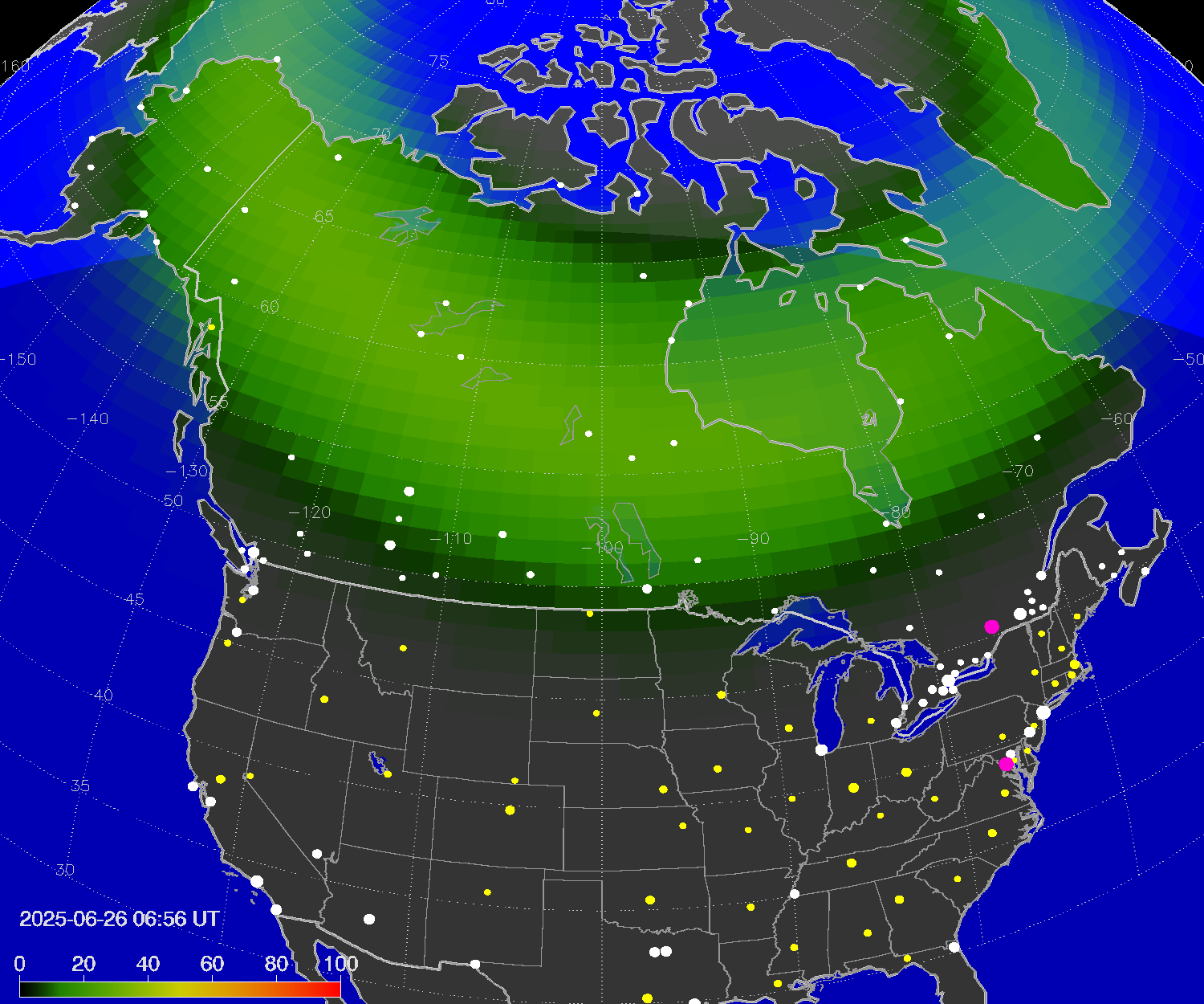 Northern lights (auroras) over North America