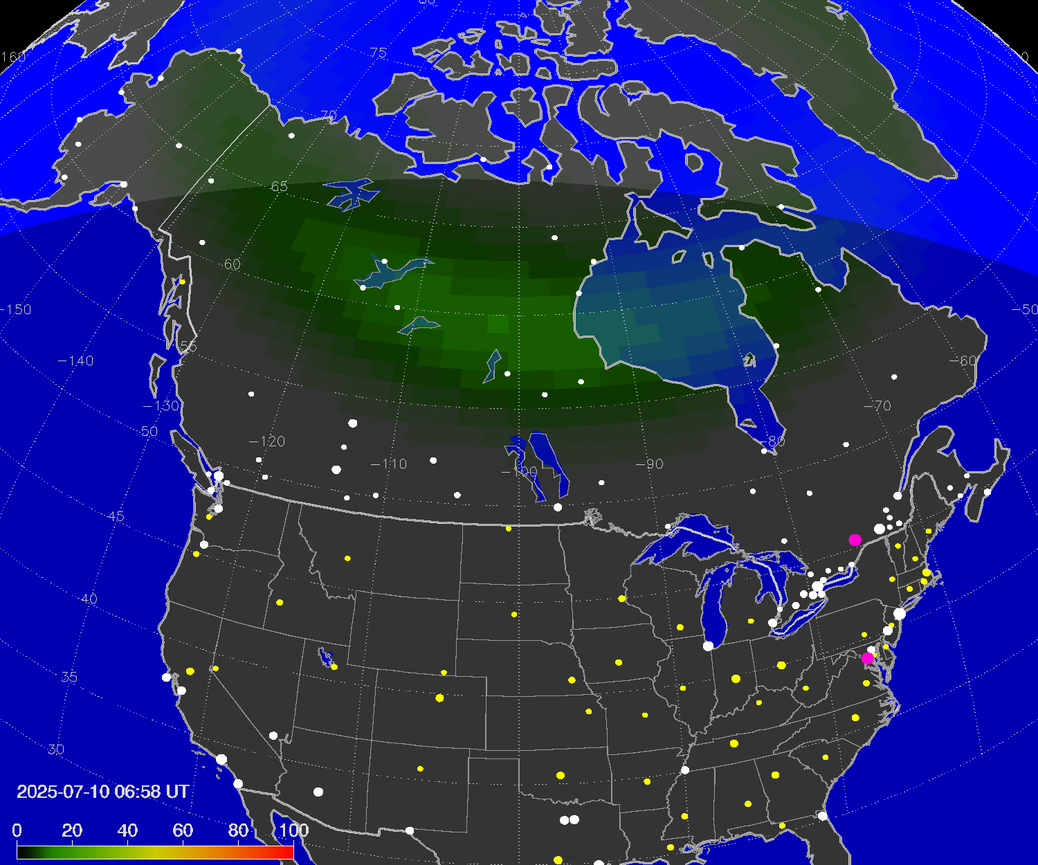 Northern lights (auroras) over North America