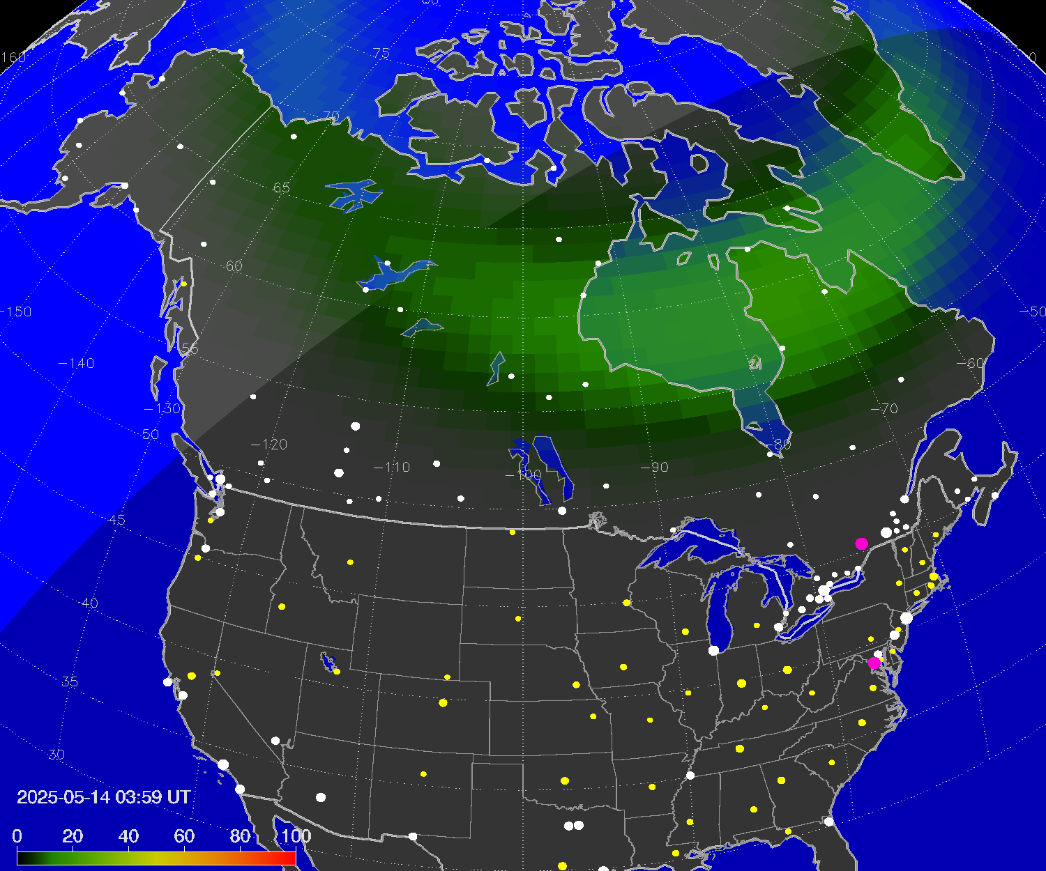 Northern lights (auroras) over North America