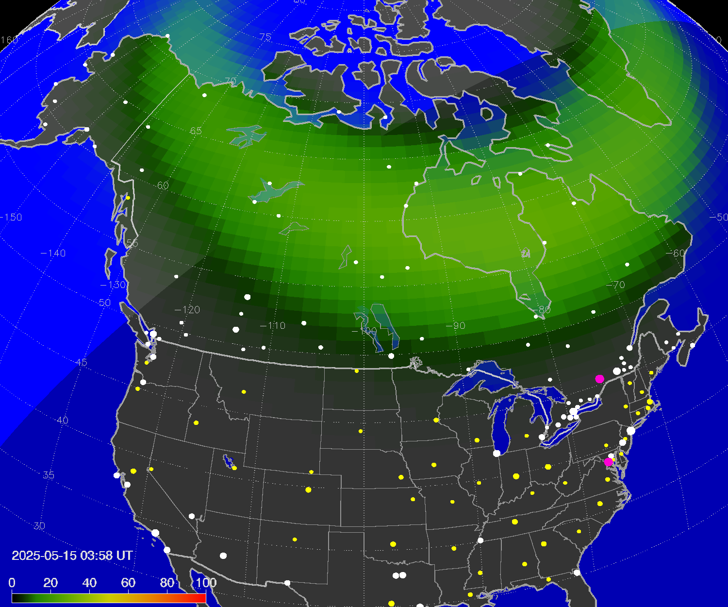 Northern lights (auroras) over North America