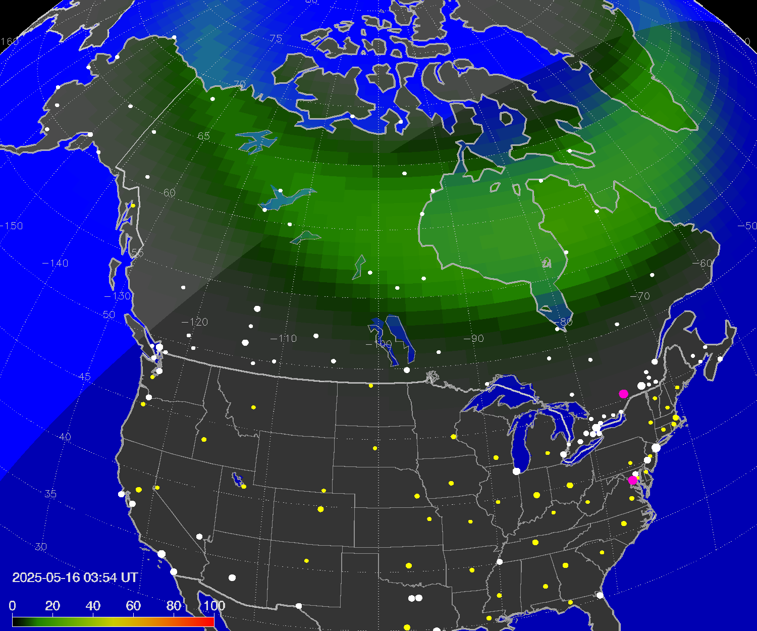 Northern lights (auroras) over North America
