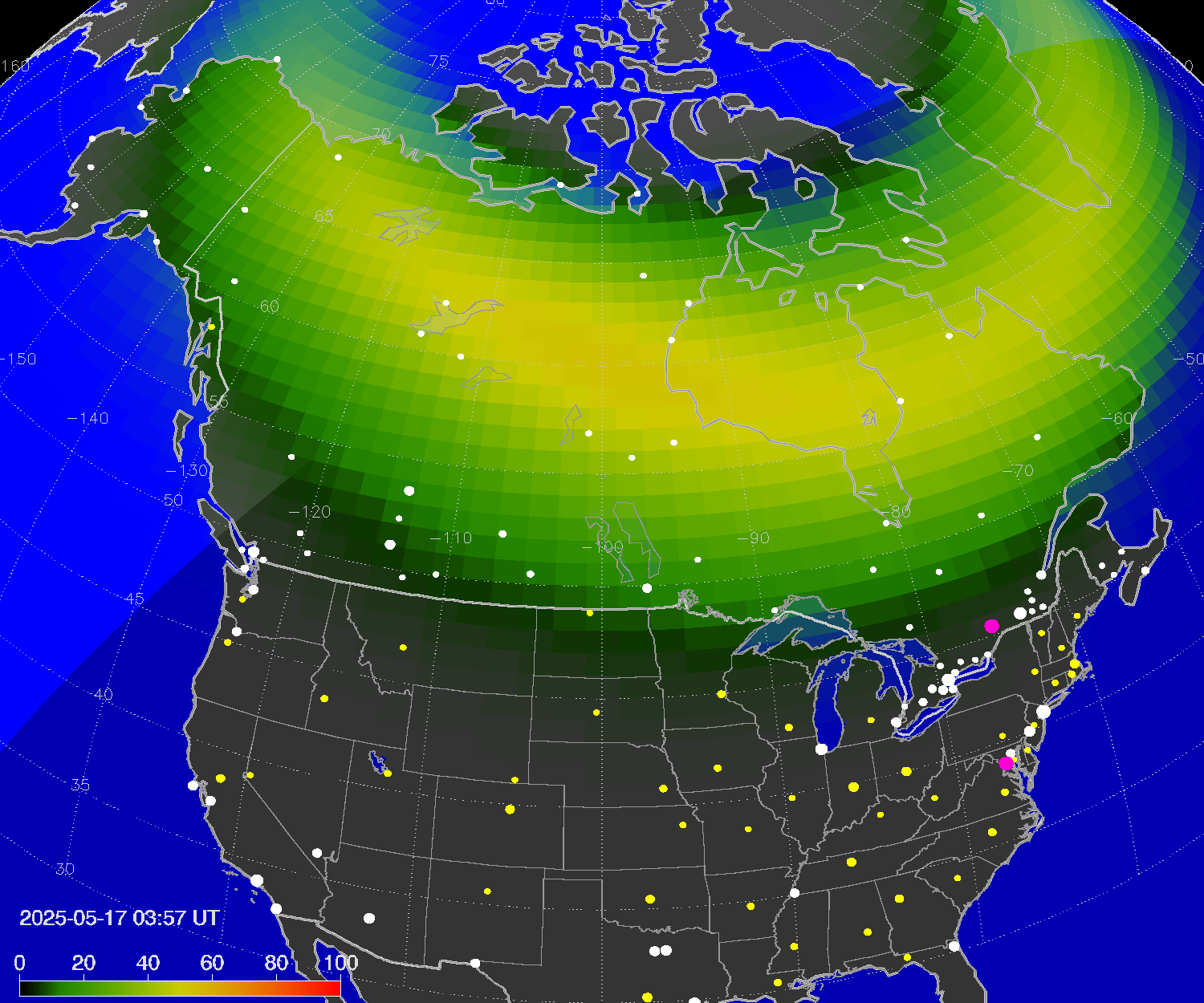 Northern lights (auroras) over North America