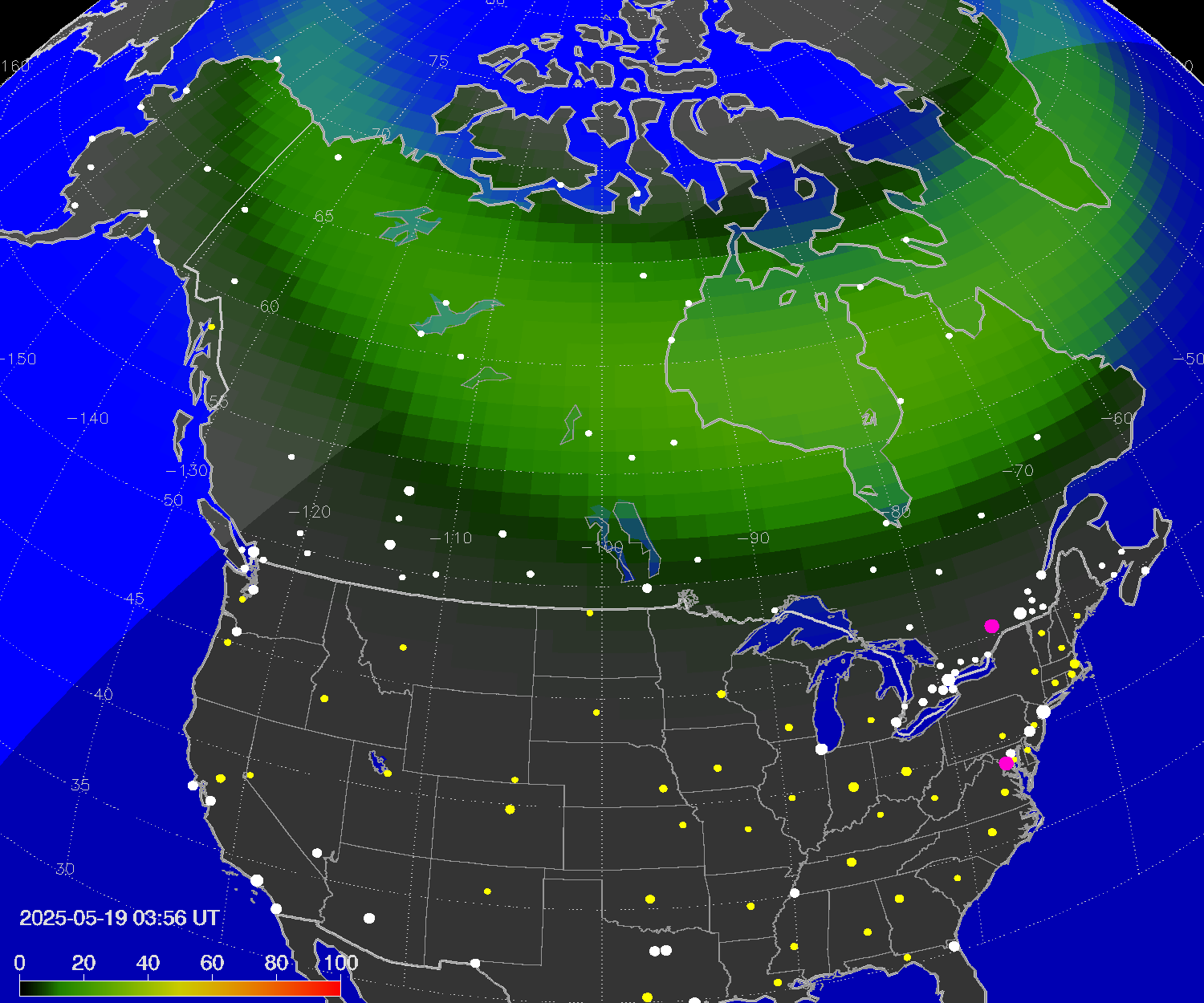 Northern lights (auroras) over North America