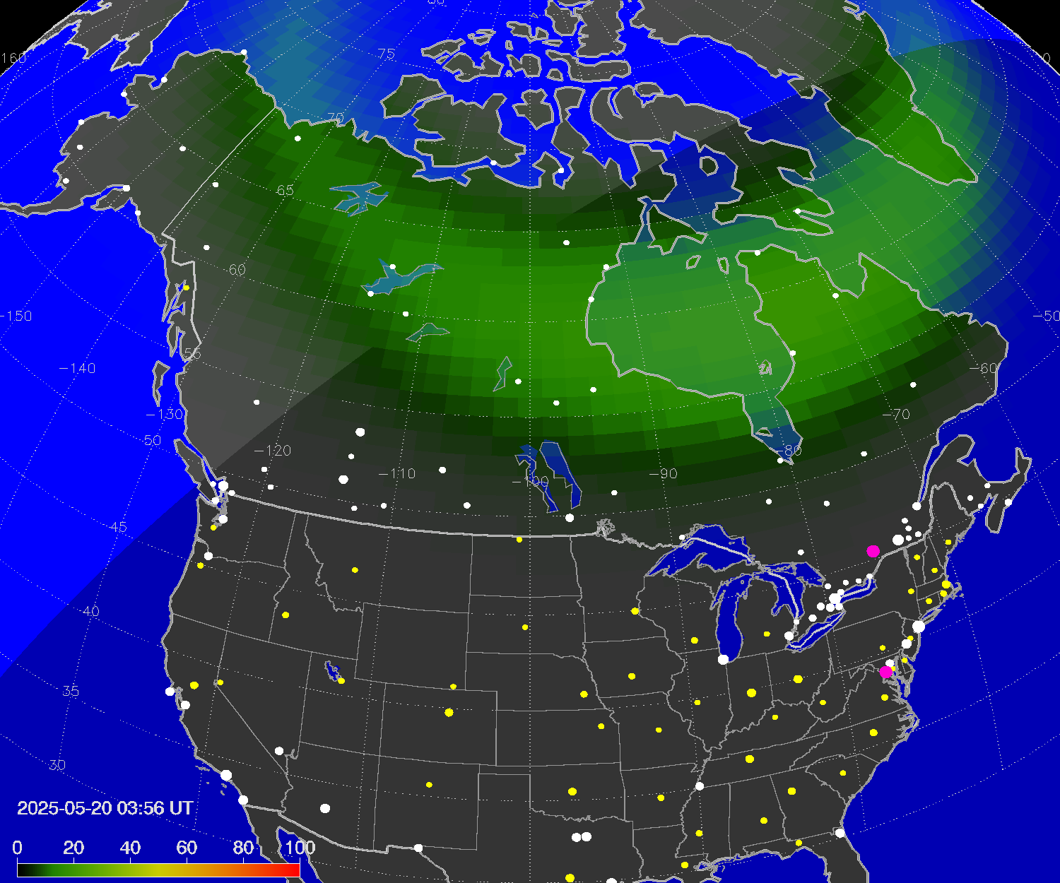 Northern lights (auroras) over North America