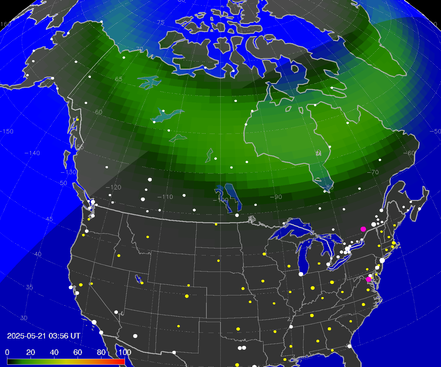 Northern lights (auroras) over North America
