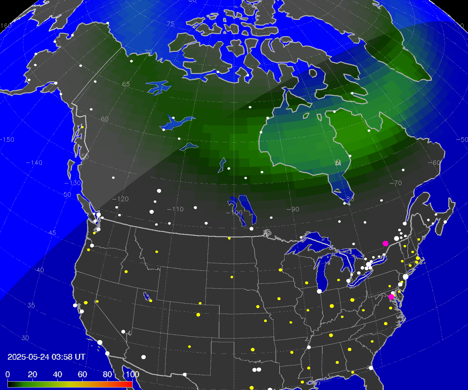 Northern lights (auroras) over North America