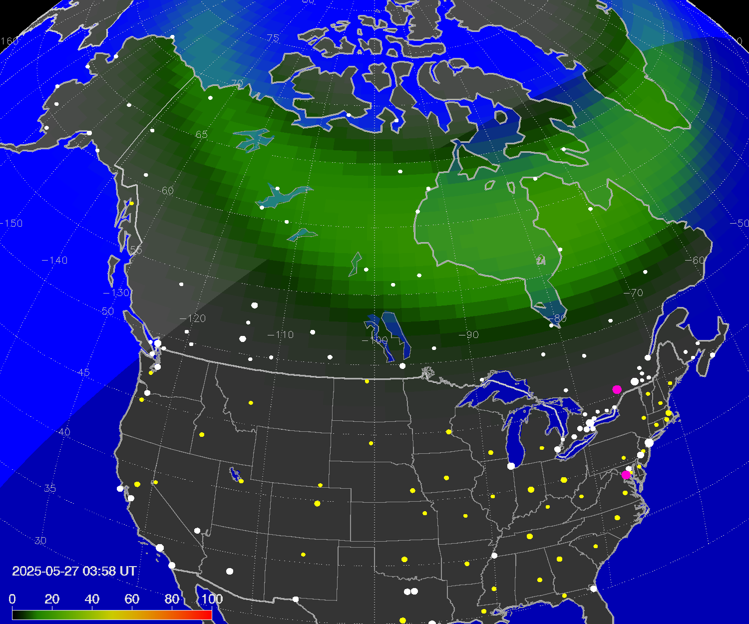 Northern lights (auroras) over North America