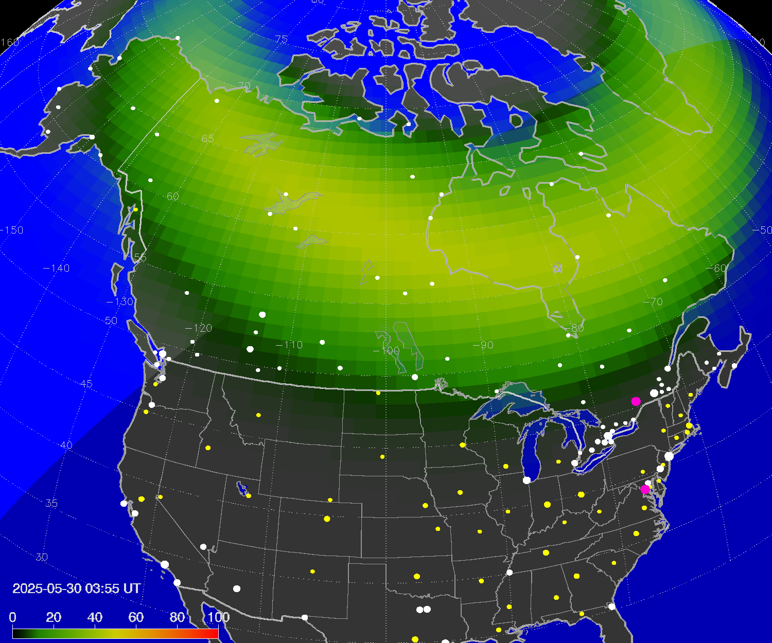 Northern lights (auroras) over North America