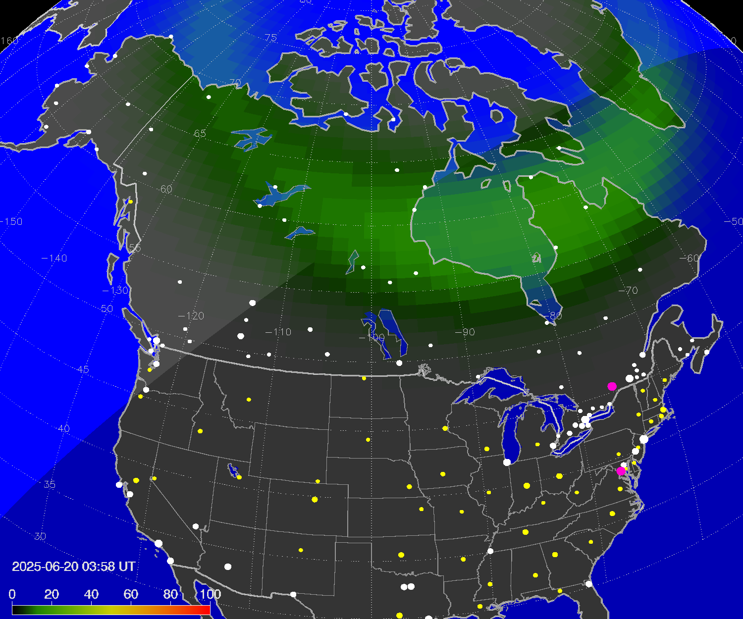 Northern lights (auroras) over North America