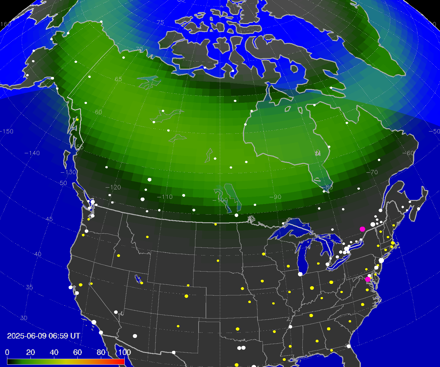 Northern lights (auroras) over North America