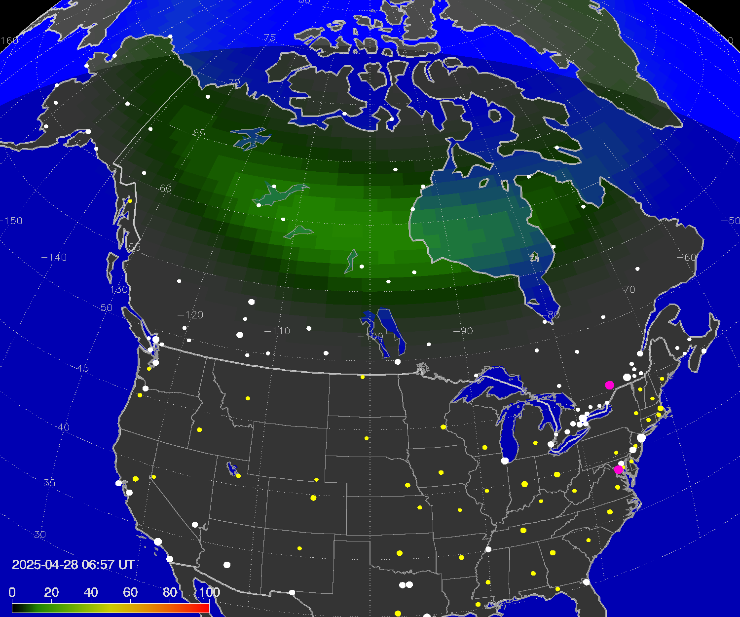 Northern lights (auroras) over North America