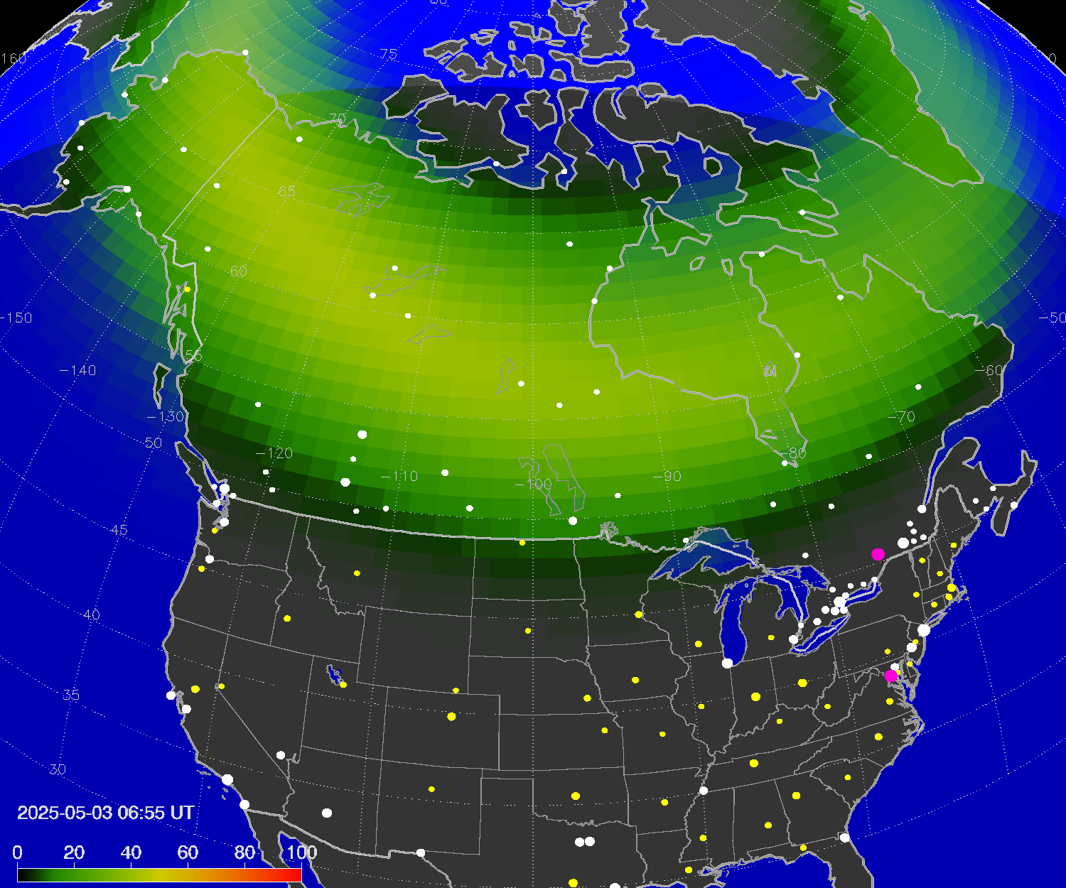 Northern lights (auroras) over North America