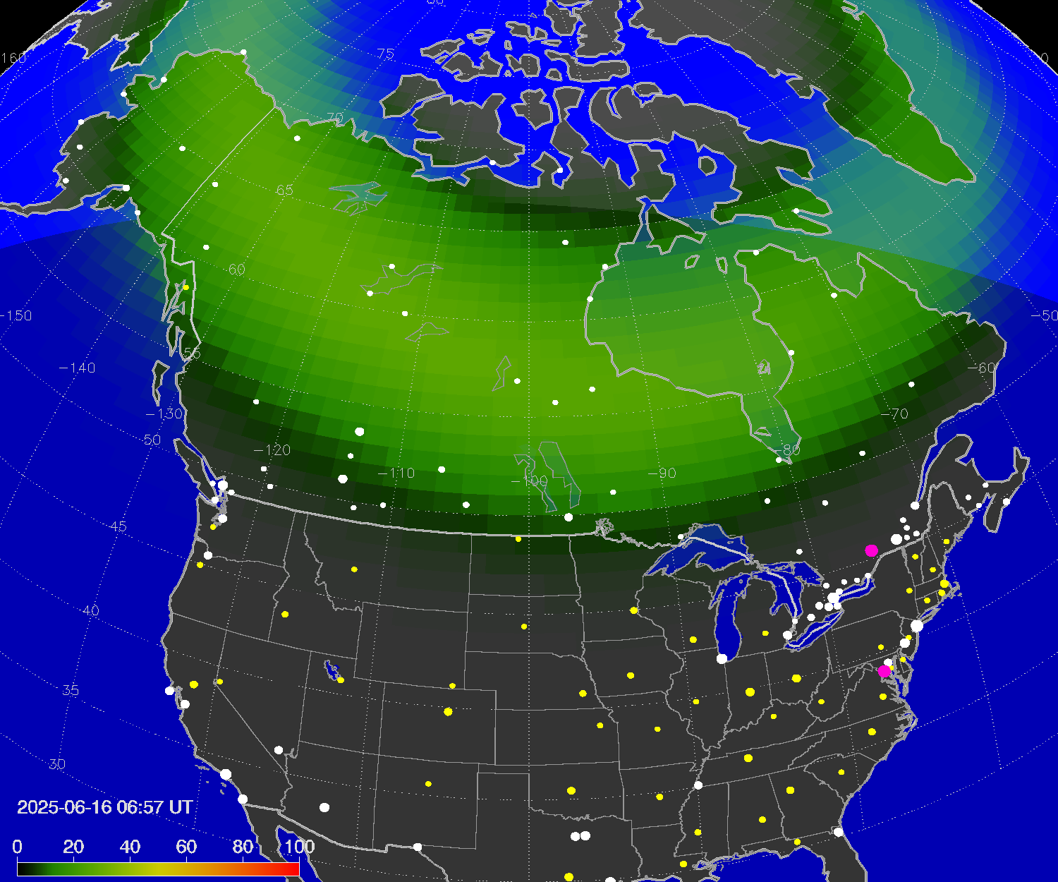 Northern lights (auroras) over North America